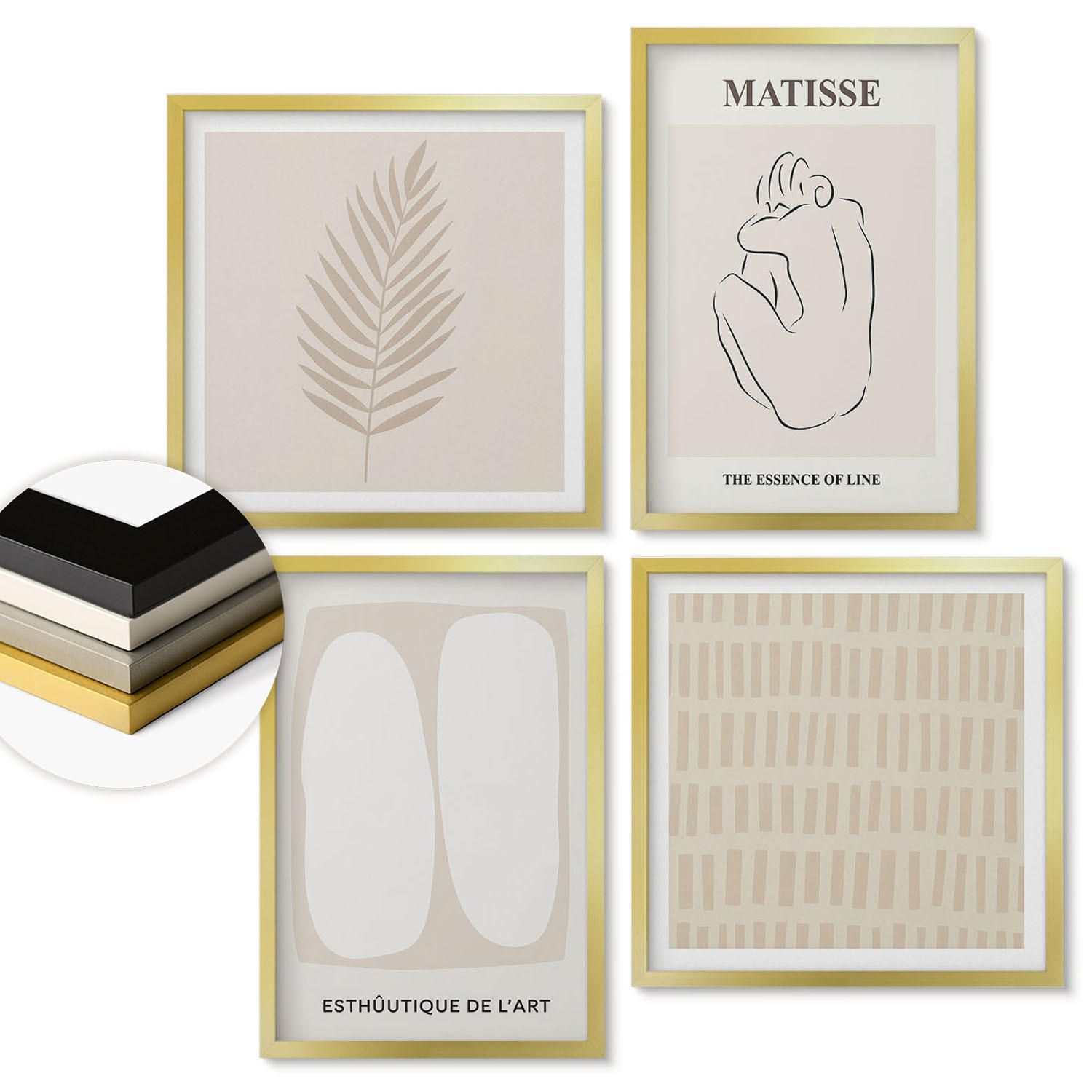 WANDBILDER 4er Set - 50x50 cm & 40x60 cm Goldrahmen - Linien, Formen, Beige, Weiß - Goldfarben, Kunststoff (50/50cm) - ArtPrintCave