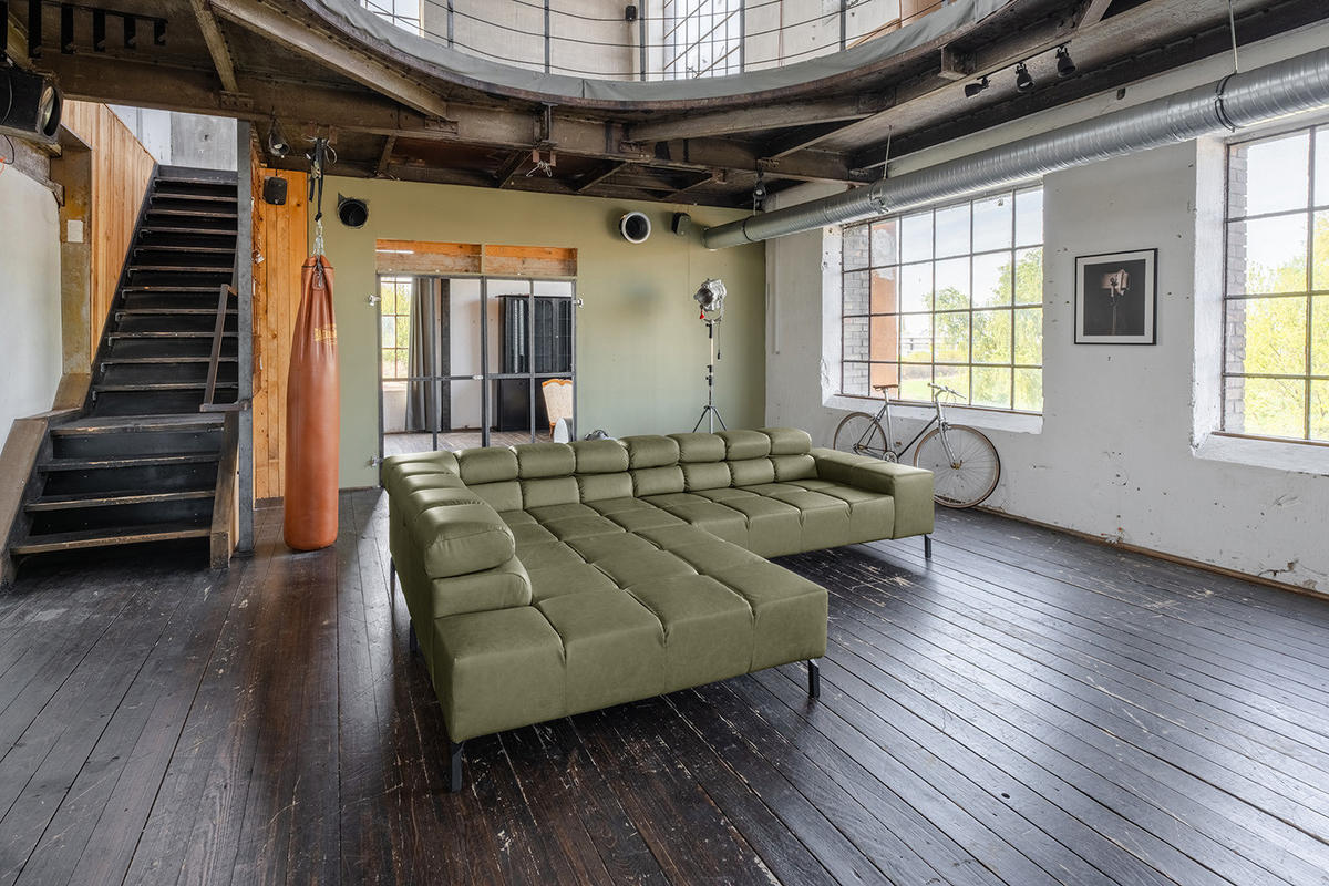 ECKSOFA NELSON Grün Leder Relaxfunktion - Schwarz/Olivgrün, Leder/Metall (321/216cm) - KAWOLA