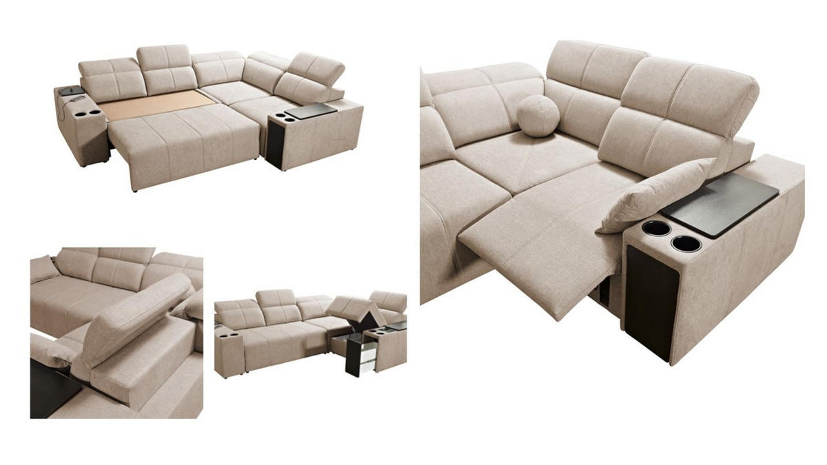 ECKSOFA Mit Schlaffunktion USB Und Verstellbarer Rückenlehne Mindy II KaltesBeige Rechts - Creme, Holz/Textil (288/219cm) - Kaiser Möbel