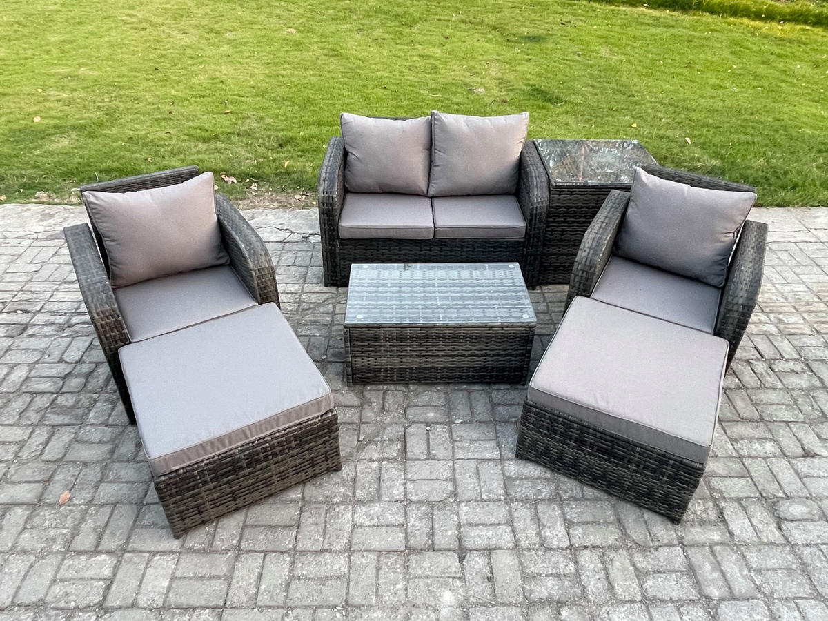 GARTENLOUNGE-SET Polyrattan Dunkelgrau 6-Sitzer - Dunkelgrau, Metall - Fimous