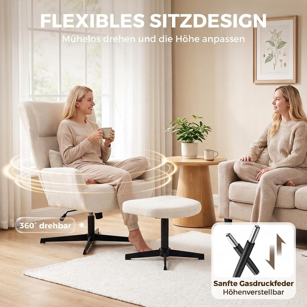 RELAXSESSEL-MIT-HOCKER 2er Set Polyester Cremeweiß - Creme/Schwarz, Textil/Metall (88/104/71cm) - HOMCOM