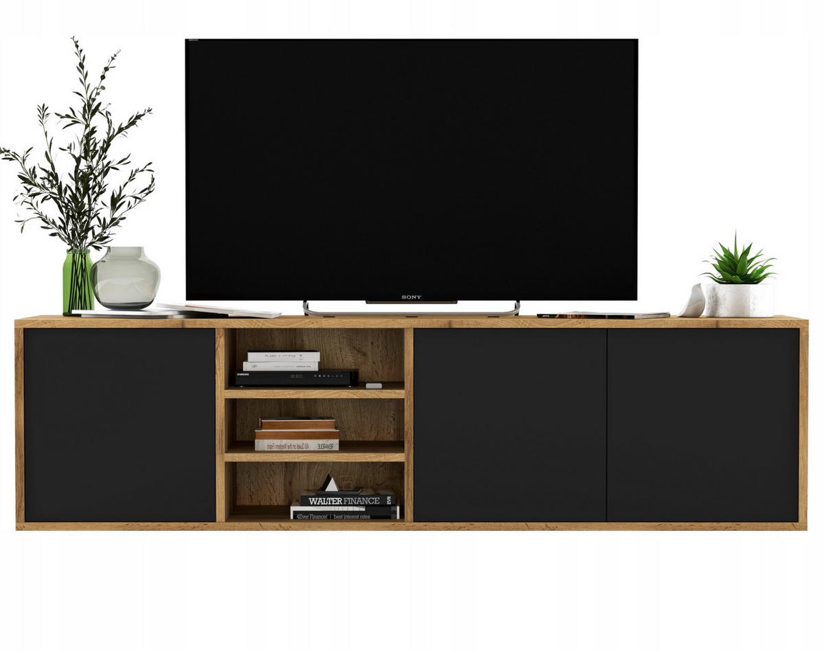 TV-LOWBOARD Apollo Eiche wotan Schwarz Matt 150 cm - Schwarz, Holzwerkstoff (150/39/35cm) - Meble Lindner