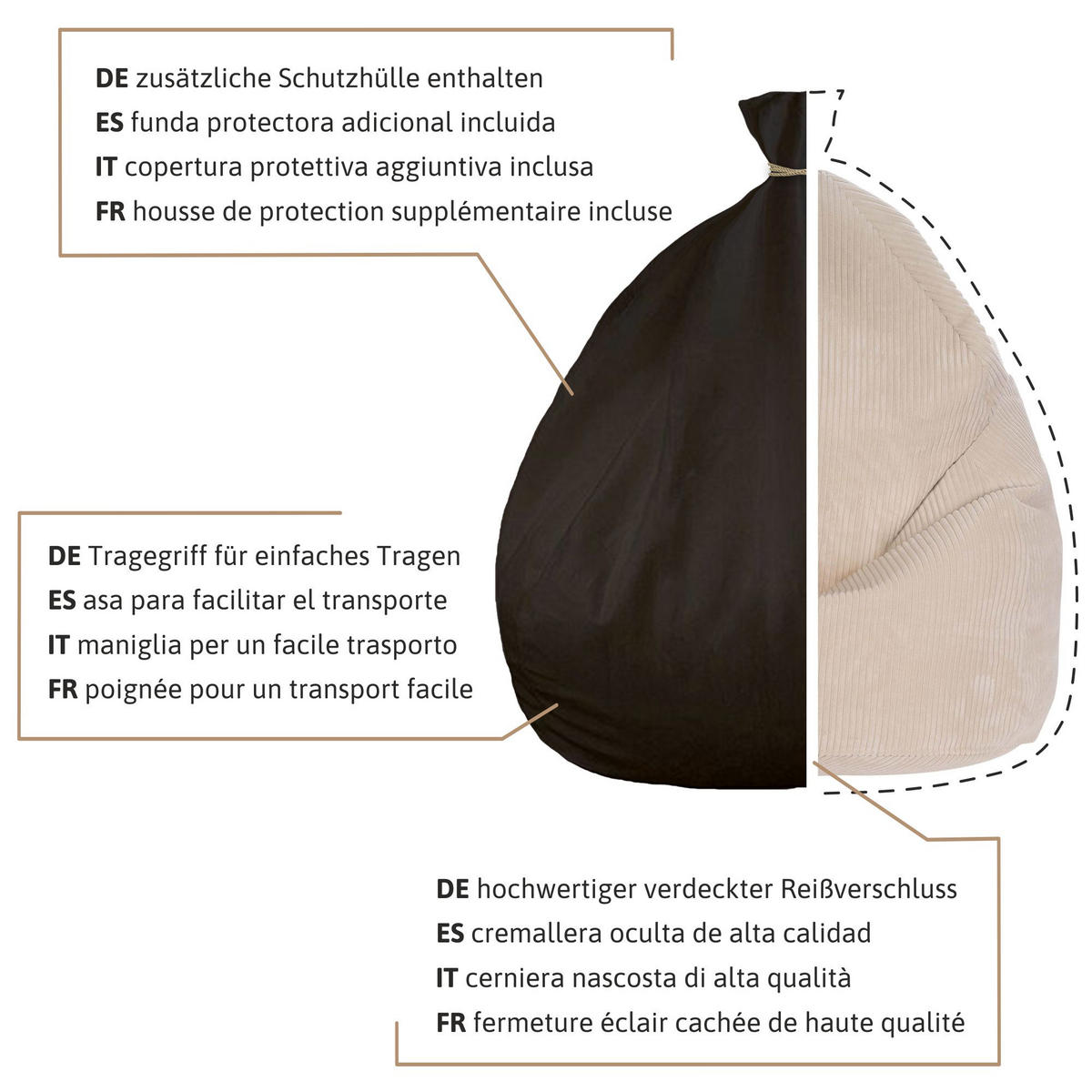 SITZSACK MIT FUßSTÜTZE Kordsamt 2-tlg Vanilla Ice S - Beige, Textil (70/105/70cm) - Dreamroots