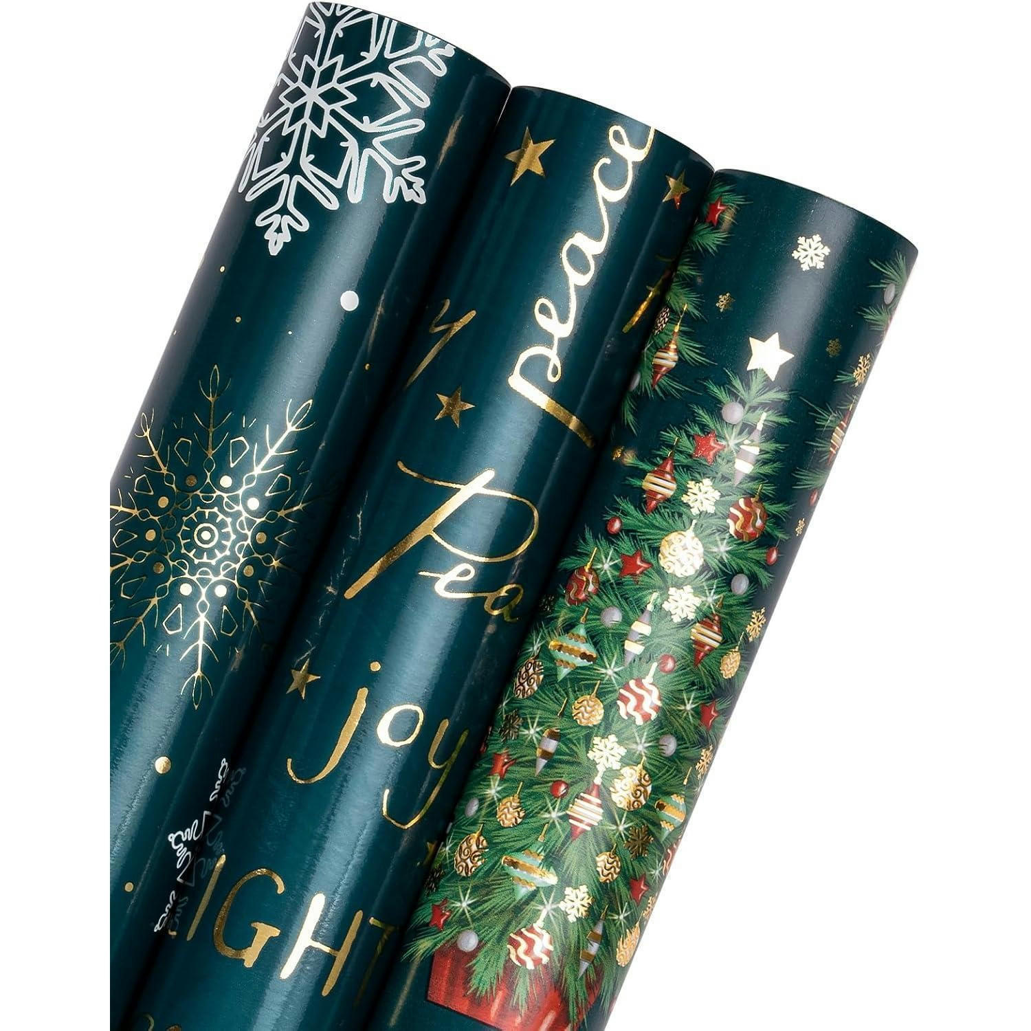 GESCHENKPAPIER 3 Rollen 43,2 cm x 3 m Weihnachtsdesign mit Folien-Glanz - Grün, Papier (4/44/10cm)