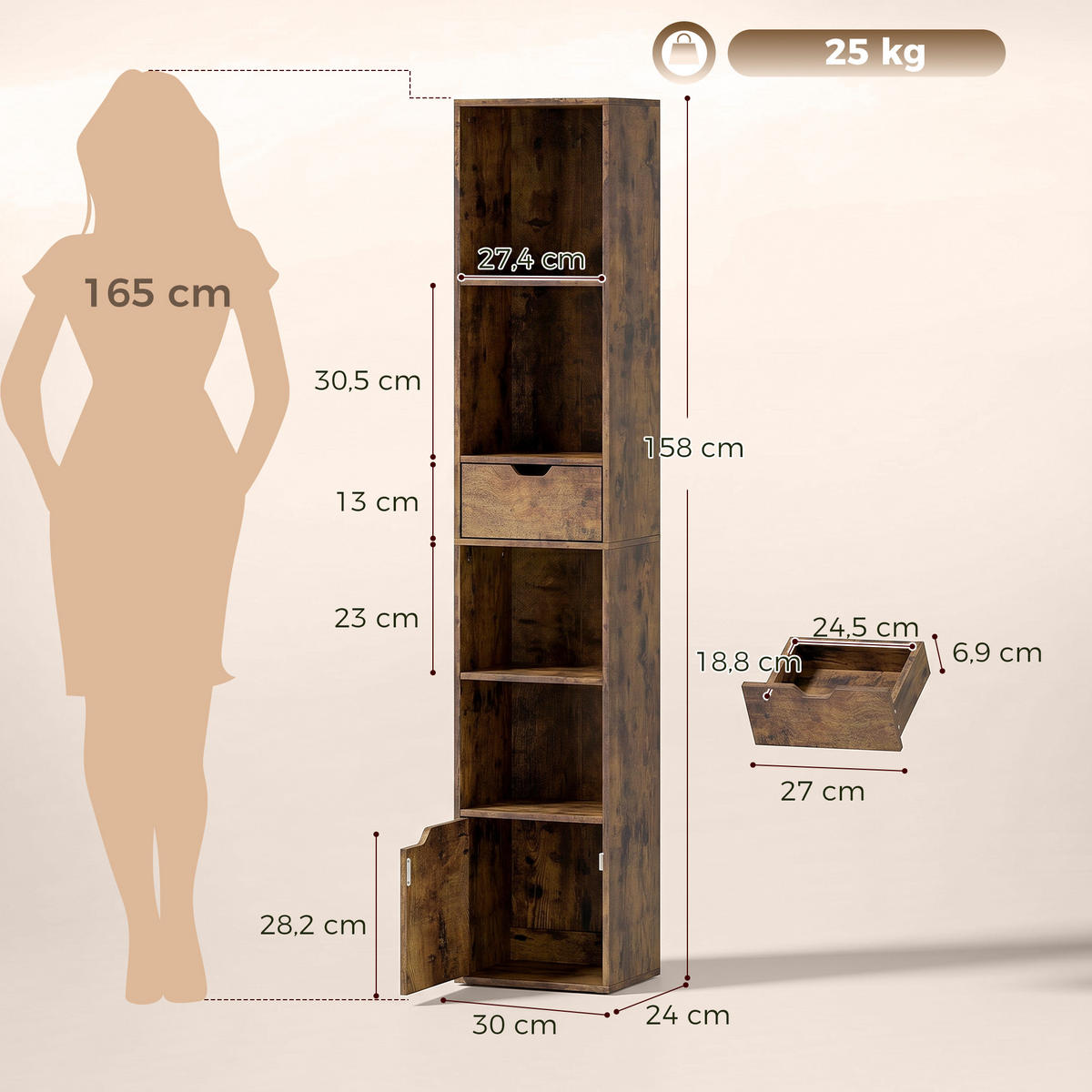 BÜCHERREGAL Spanplatte Braun - Braun, Holzwerkstoff (24/158/30cm) - HOMCOM