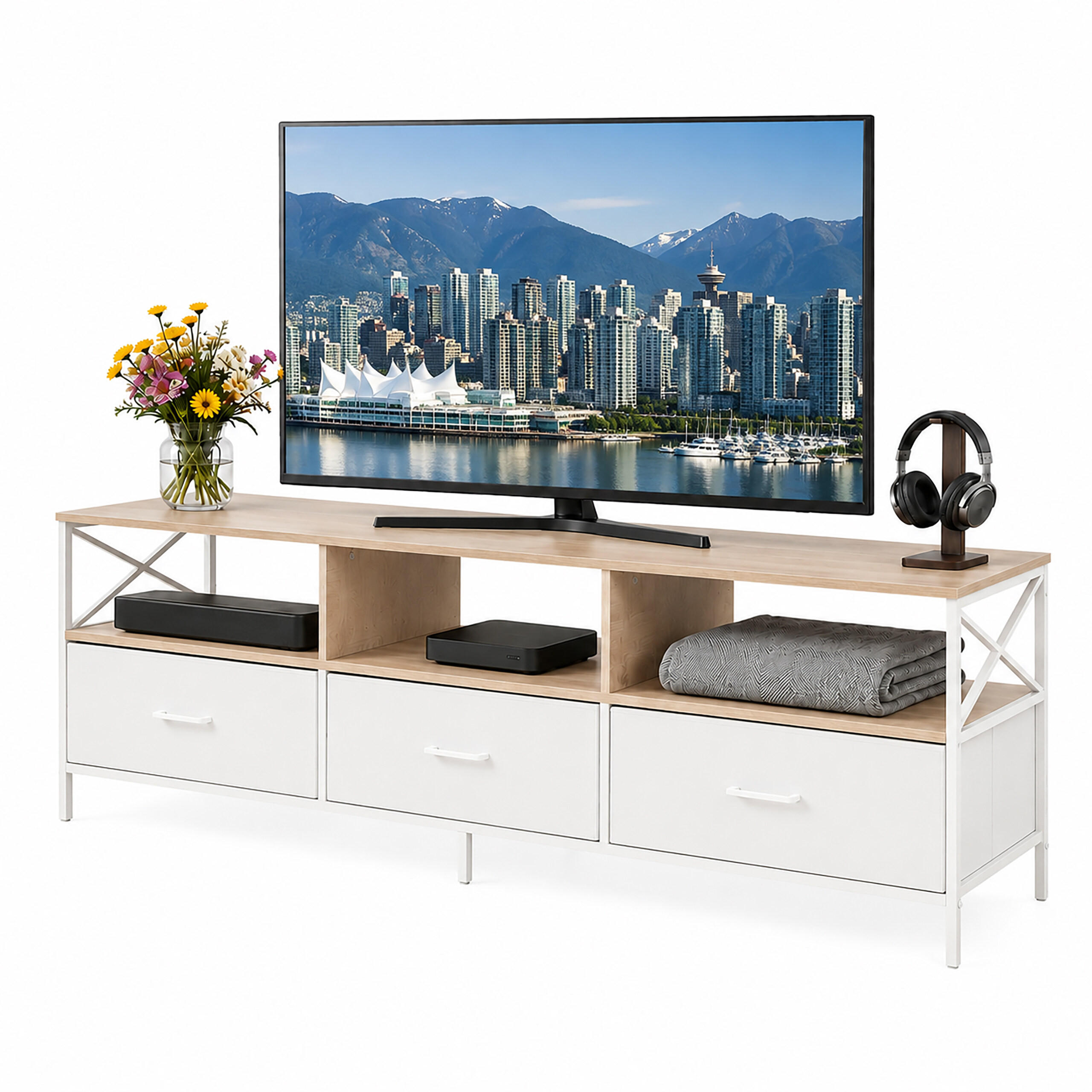 MOBILĂ-TV alb aspect lemn sertare din textil - multicolor, compozit lemnos/material textil (170/50/40cm) - Relaxdays