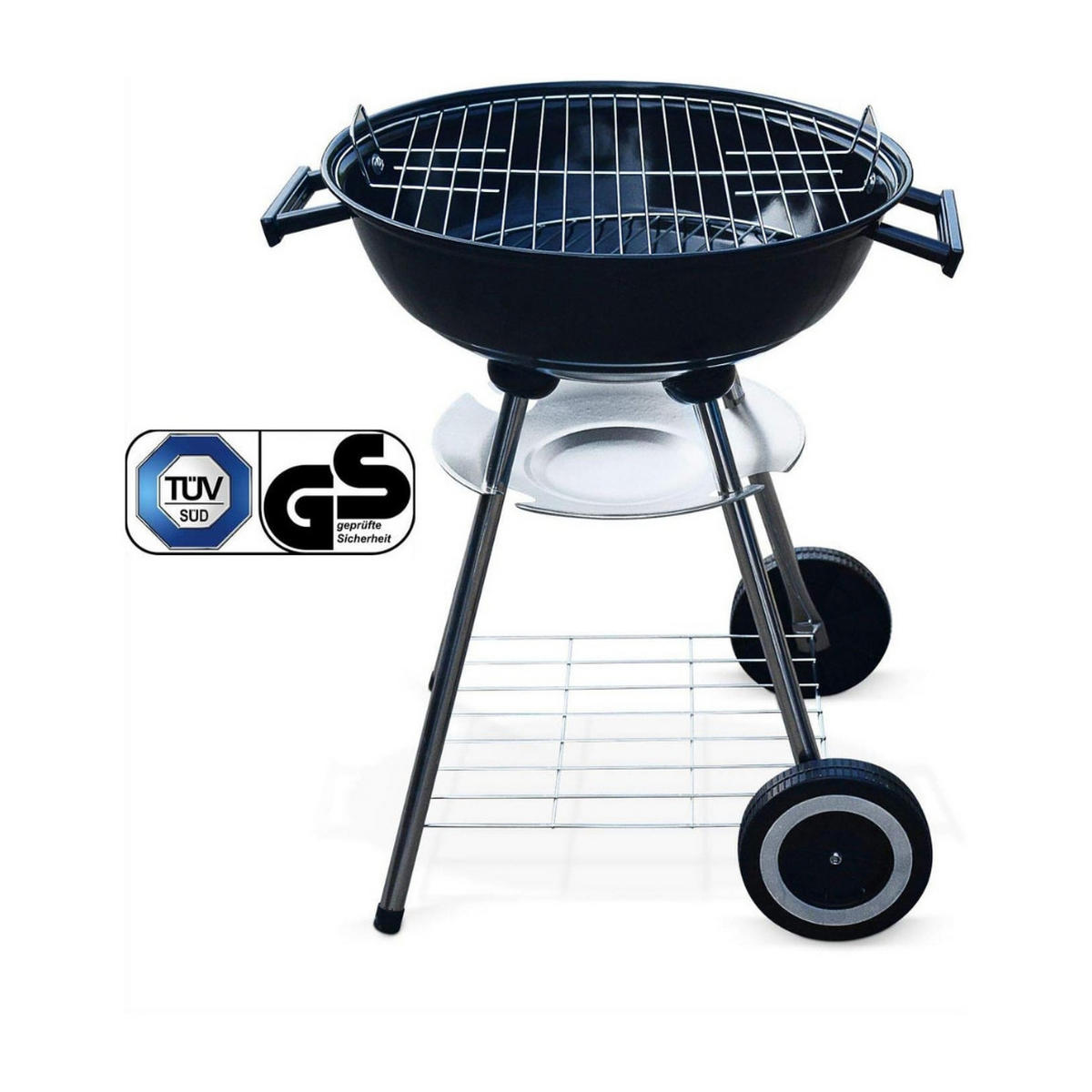 HOLZKOHLEGRILL 502595, 44 cm, Schwarz, Kugelgrill, mit Deckel, BBQ Grill, Outdoor, Garten, Rundgrill, Kohlegrill, Camping, Balkon, Grillwagen - Schwarz, Metall (44/75/44cm) - Resch