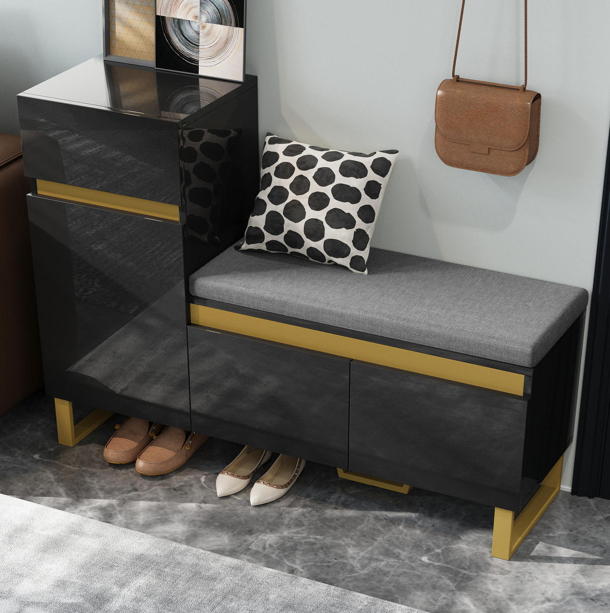 SCHUHSCHRANK 120/35/85 cm mit Sitzkissen, Schublade und Türen, teilweise hochglänzend, Schwarz - Schwarz, Holzwerkstoff (120/85/35cm) - Redom