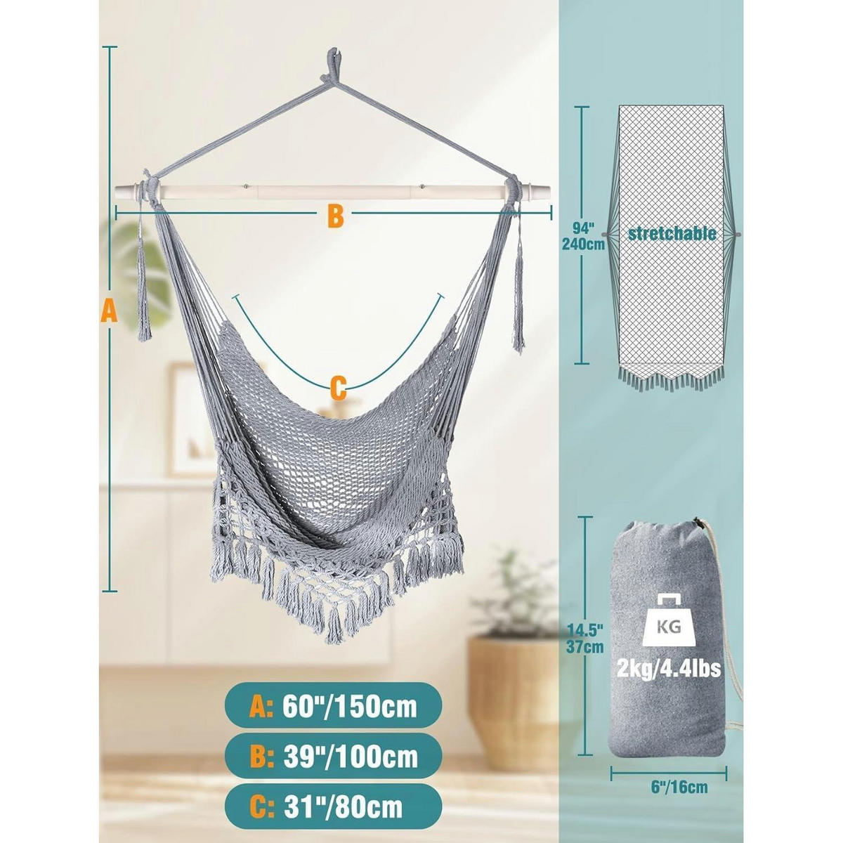 HÄNGESESSEL Baumwolle handgewebt mit Spreizstange 100 cm Grau - Grau, Textil (100/80/150cm)