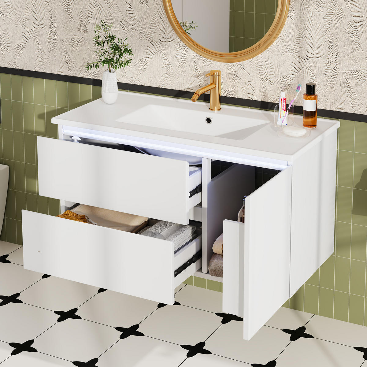 WASCHTISCHUNTERSCHRANK 91,5×46,5×50,5 cm, weiß, wandhängend, lackiert, mit LED-Radarsensor, 2 Schubladen, Türfach, leisen Schienen, Keramikbecken - Weiß, Holzwerkstoff (46.5/50.5/91cm) - Ej. Life