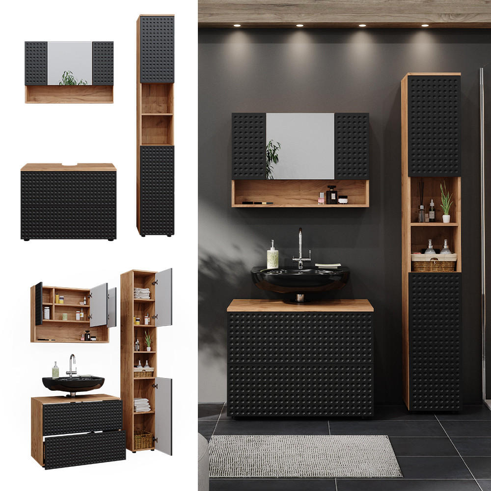 BADMÖBEL-SET Irma Anthrazit gepunktet 3 Teile mit Spiegelschrank 80 cm - Honigeiche/Anthrazit, Holzwerkstoff (80/58.6/41cm) - Vicco