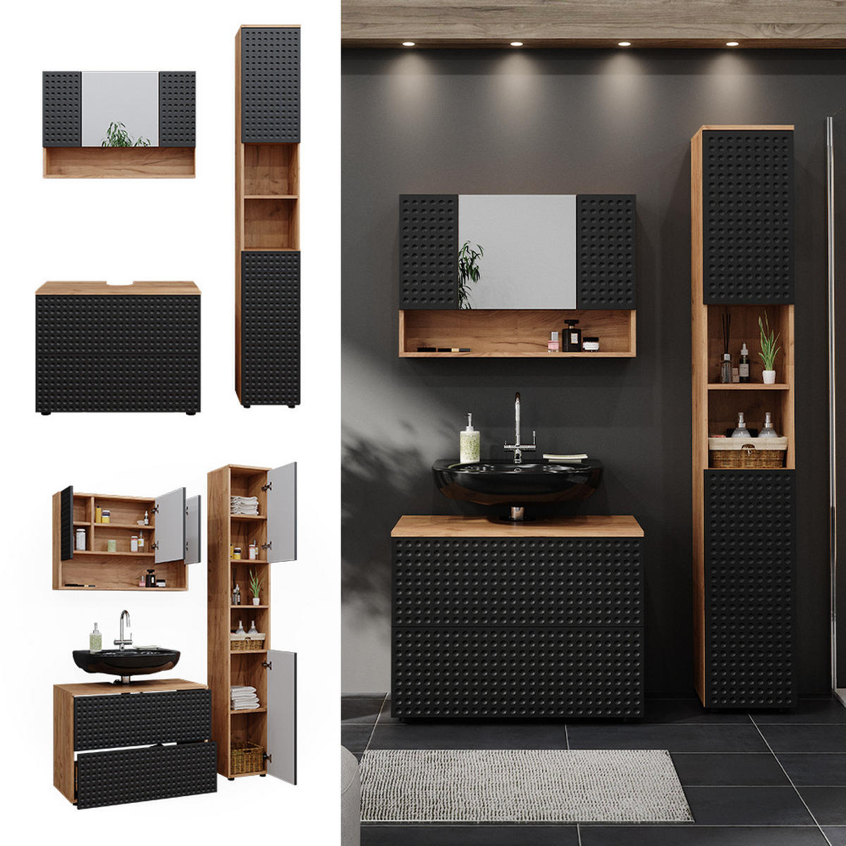 BADMÖBEL-SET Irma Anthrazit gepunktet 3 Teile mit Spiegelschrank 80 cm - Honigeiche/Anthrazit, Holzwerkstoff (80/58.6/41cm) - Vicco