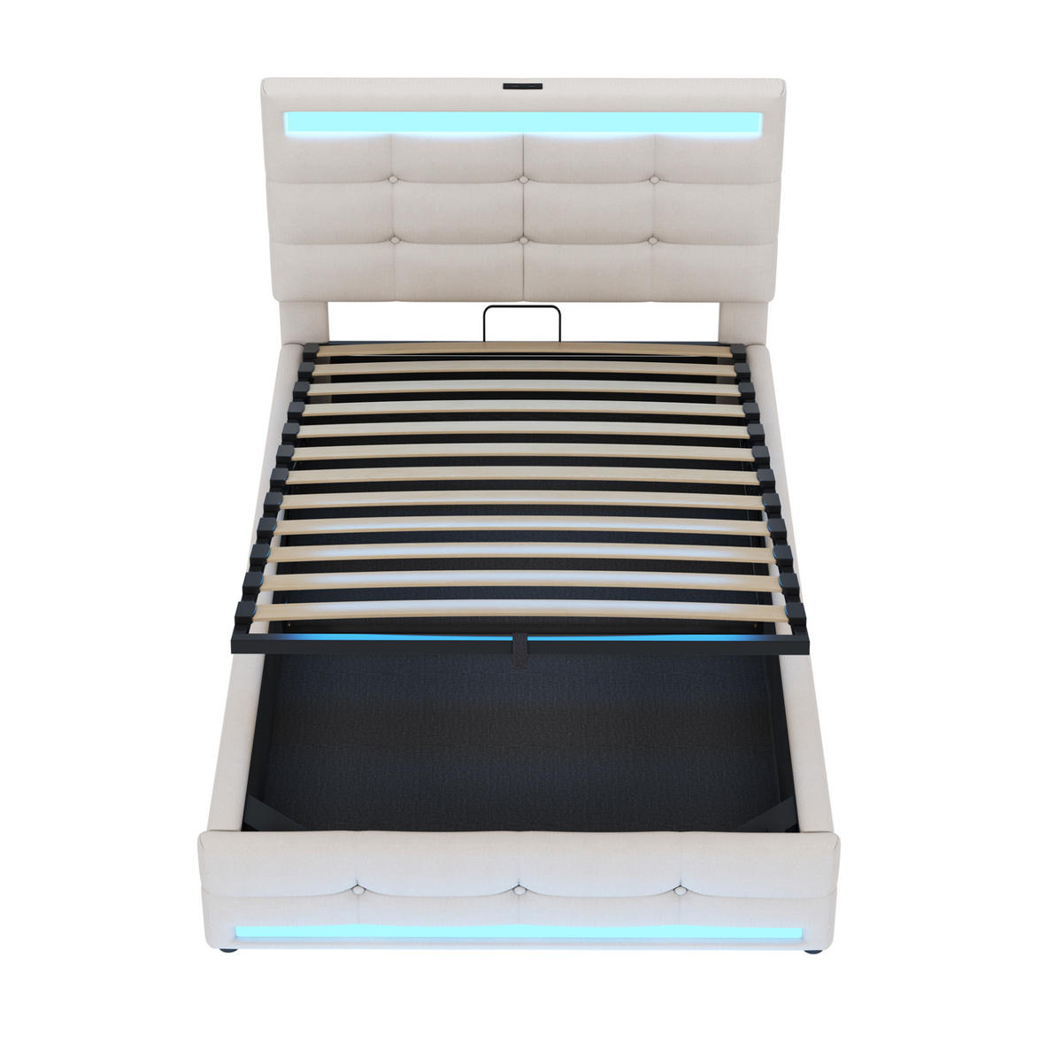 POLSTERBETT 90/200 cm Beige aus Leinen mit Stauraum und LED-Beleuchtung mit USB - Beige, Textil (90/200cm) - OKWISH