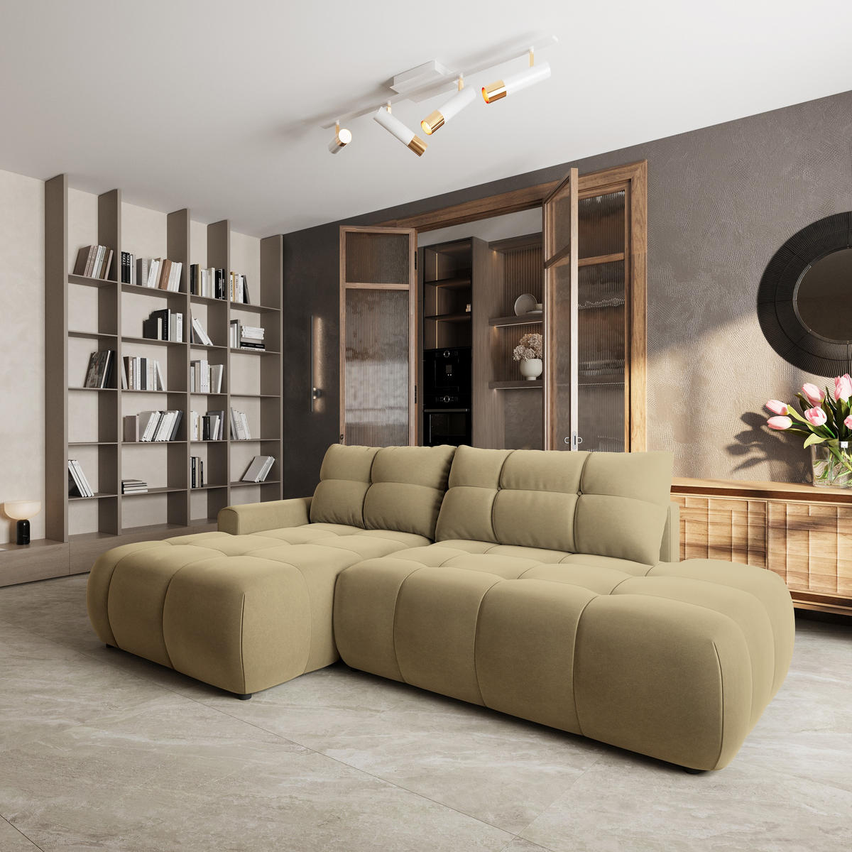 ECKSOFA FLUMA CL L-S Senfgelb Samtstoff mit Schlaffunktion - Currygelb, Holzwerkstoff/Textil (279/158cm) - MASSENO