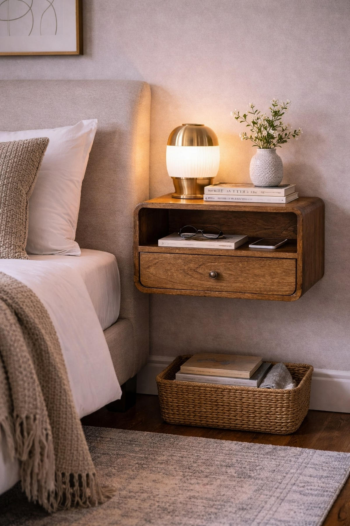 NACHTTISCH Wandmontiert mit offenem Fach - Dunkelbraun/Messingfarben, Holz/Metall (45/25/32cm) - Artisan Furniture