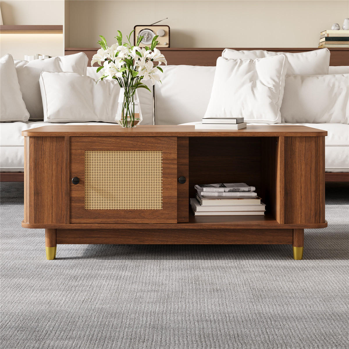 COUCHTISCH Rattan 100/50/42 Schiebetüren MDF Stauraum - Braun, Holz (50/100/42cm) - Bomclap