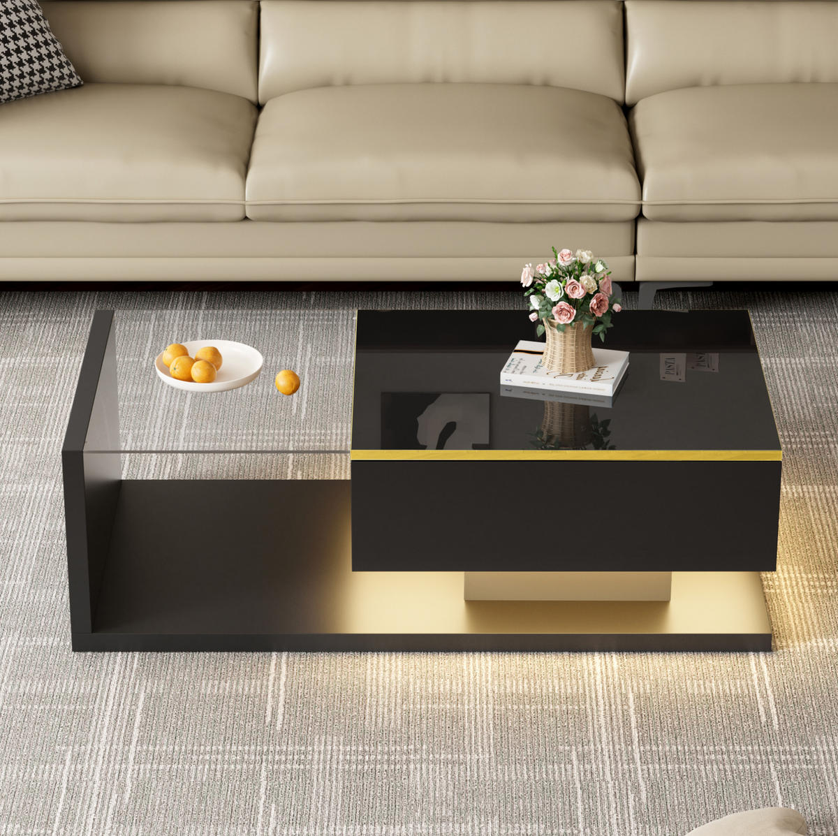 COUCHTISCH 100/50/32,5 cm mit Glasplatte, LED-Beleuchtung und Stauraum, Schwarz - Schwarz, Holzwerkstoff (100/50/32.5cm) - Redom