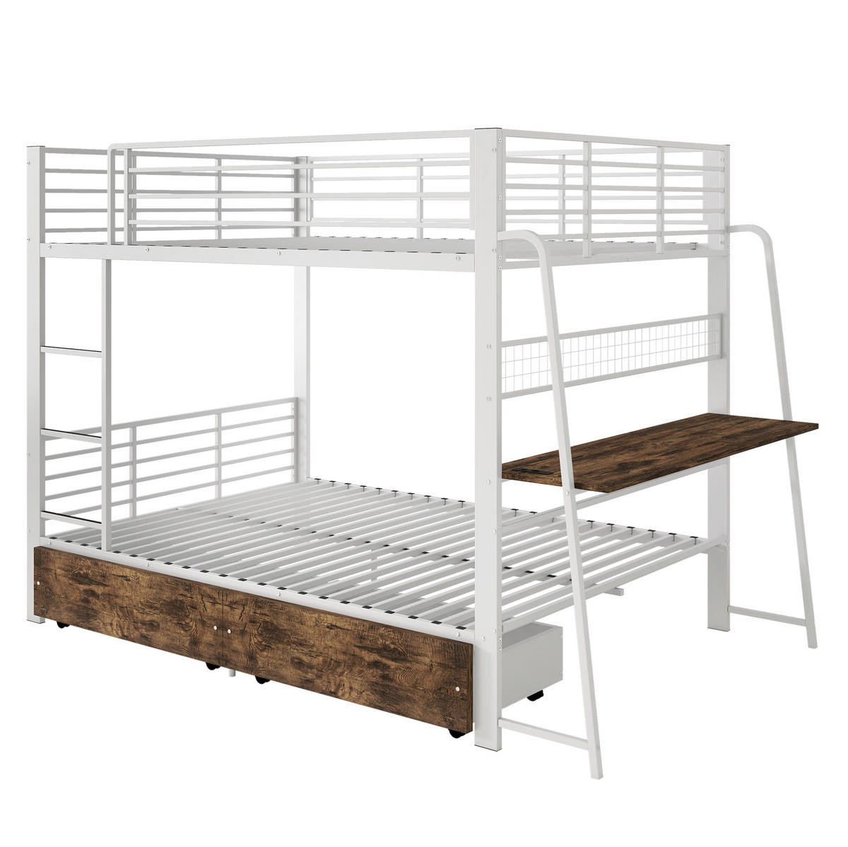 HOCHBETT aus Metall und MDF 140x200 cm Mattweiß mit Schreibtisch, RGB-LED, Steckdosenleiste und Schubladen - Weiß, Holzwerkstoff (140/200cm) - Modfu