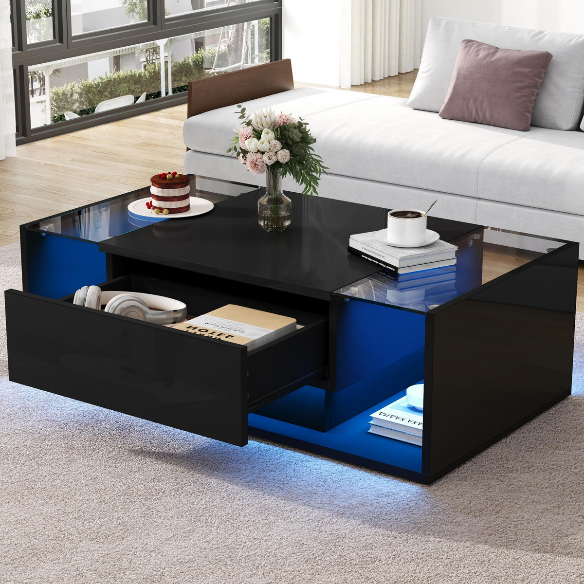 COUCHTISCH in Schwarz Kaffeetisch mit 1 Schublade und LED-Lichtleiste für Wohnzimmer, B100/T50/H31cm - Schwarz, Glas/Holzwerkstoff (50/100/31cm) - STILVORA
