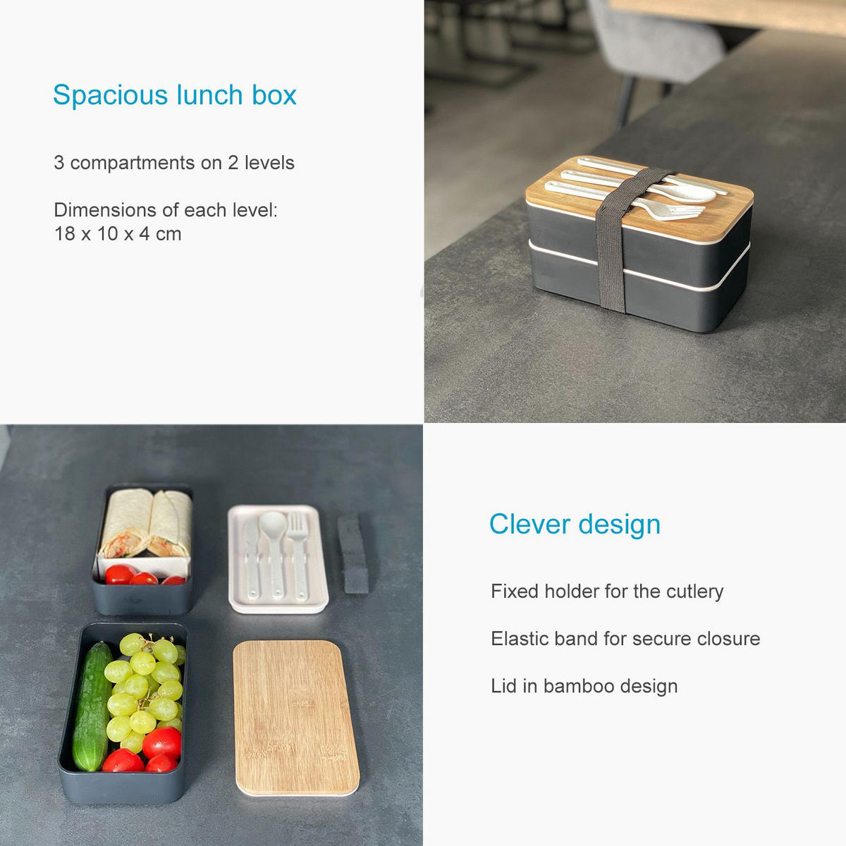LUNCH BROTBOX mit Messer Gabel Löffel - Schwarz, Naturmaterialien (10.5/9.3/18.5cm) - Intirilife