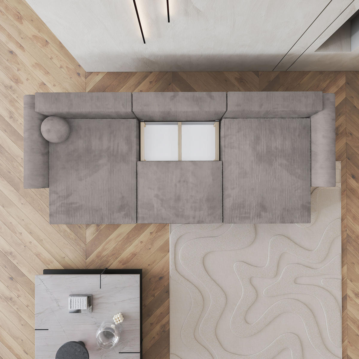 WOHNLANDSCHAFT FENTO P Beige Kordstoff mit Schlaffunktion - Beige, Holz (347/90/148cm) - MASSENO