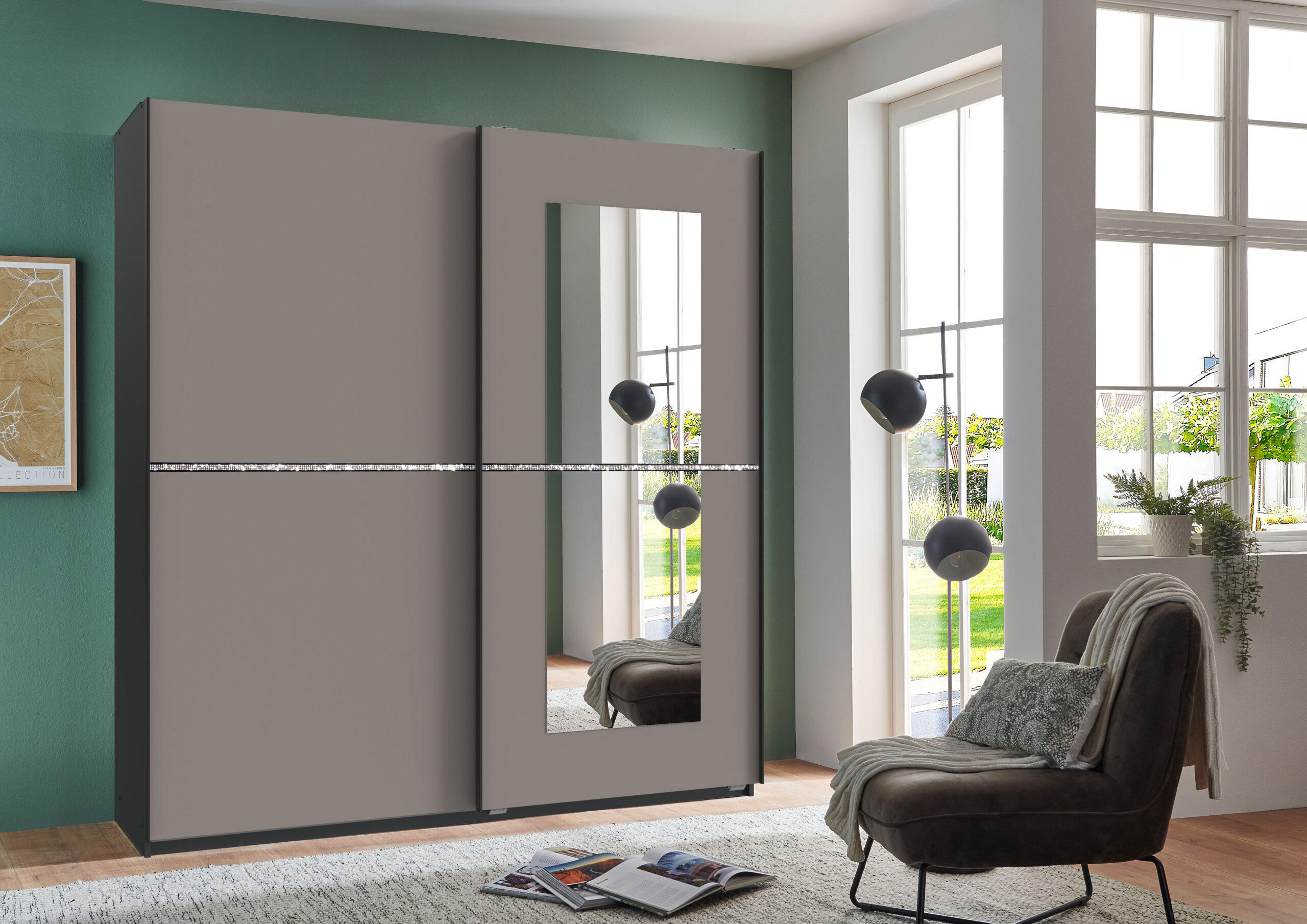 SCHWEBETÜRENSCHRANK Dundee in Grafit mit Saharagrau und Strass 180x198x64cm - Grau, Holzwerkstoff (180/198/65cm)