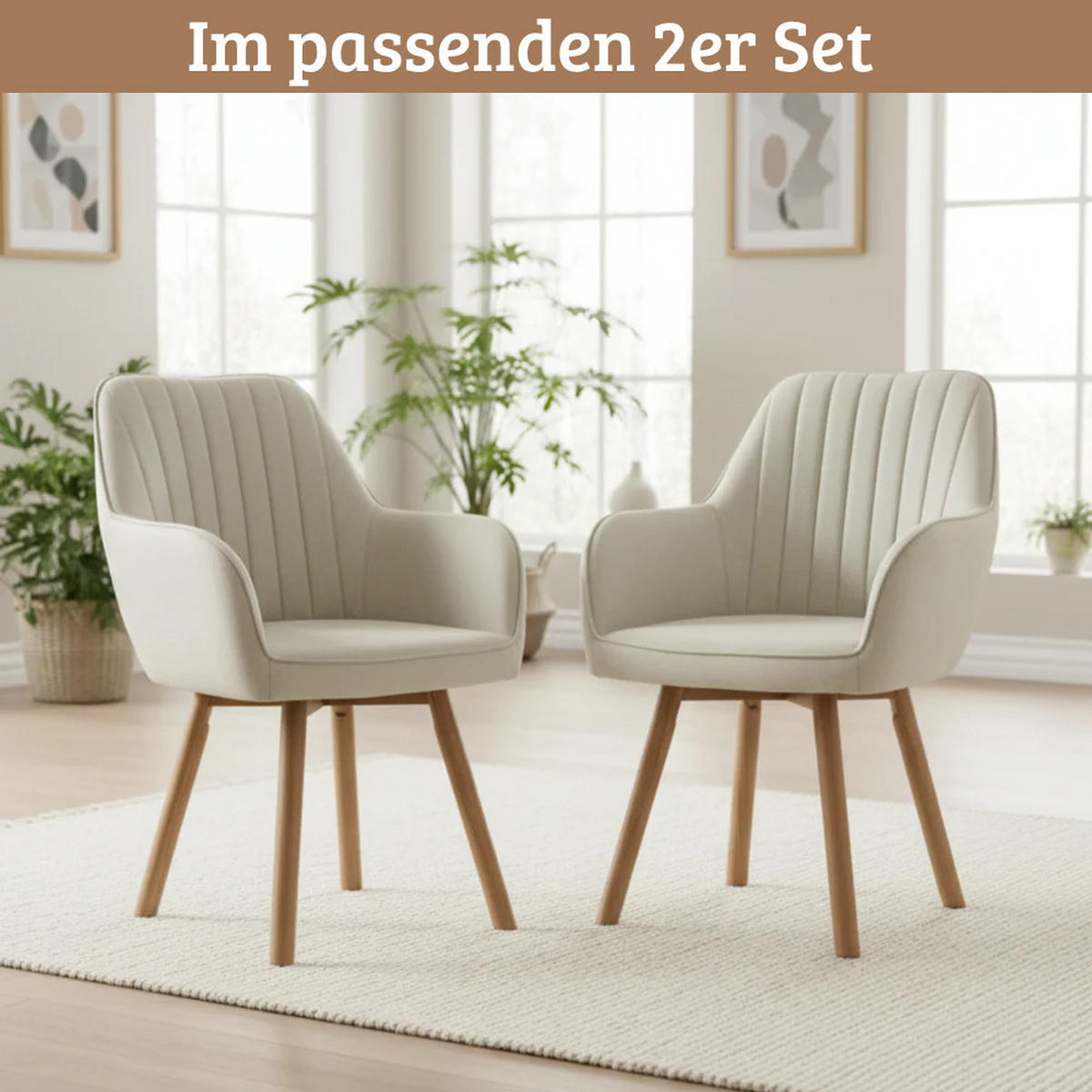 ESSZIMMERSTÜHLE 2er-Set ELLA Stoffbezug Beige Eichenholz - Beige, Eichenholz/Holz (47/85/47cm) - DELUKE