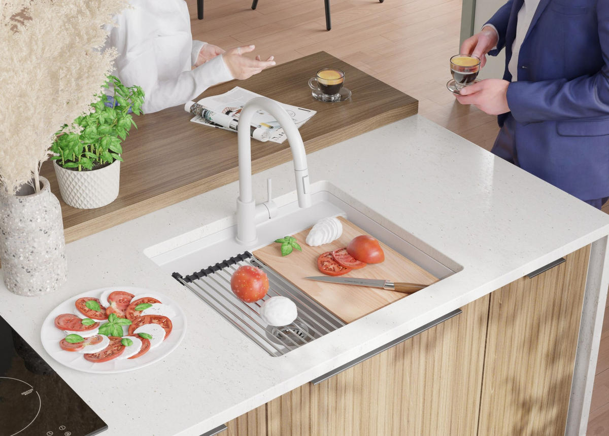 UNTERBAUSPÜLE GRANIT Bergen, 2-er set Weiß 56/53 cm 1 Becken + Küchenarmatur 40/20 cm + Ablauf-Set + Schneidebrett ab 60er Unterschrank - Chromfarben/Beige, Kunststoff (56/20/53cm) - Primagran