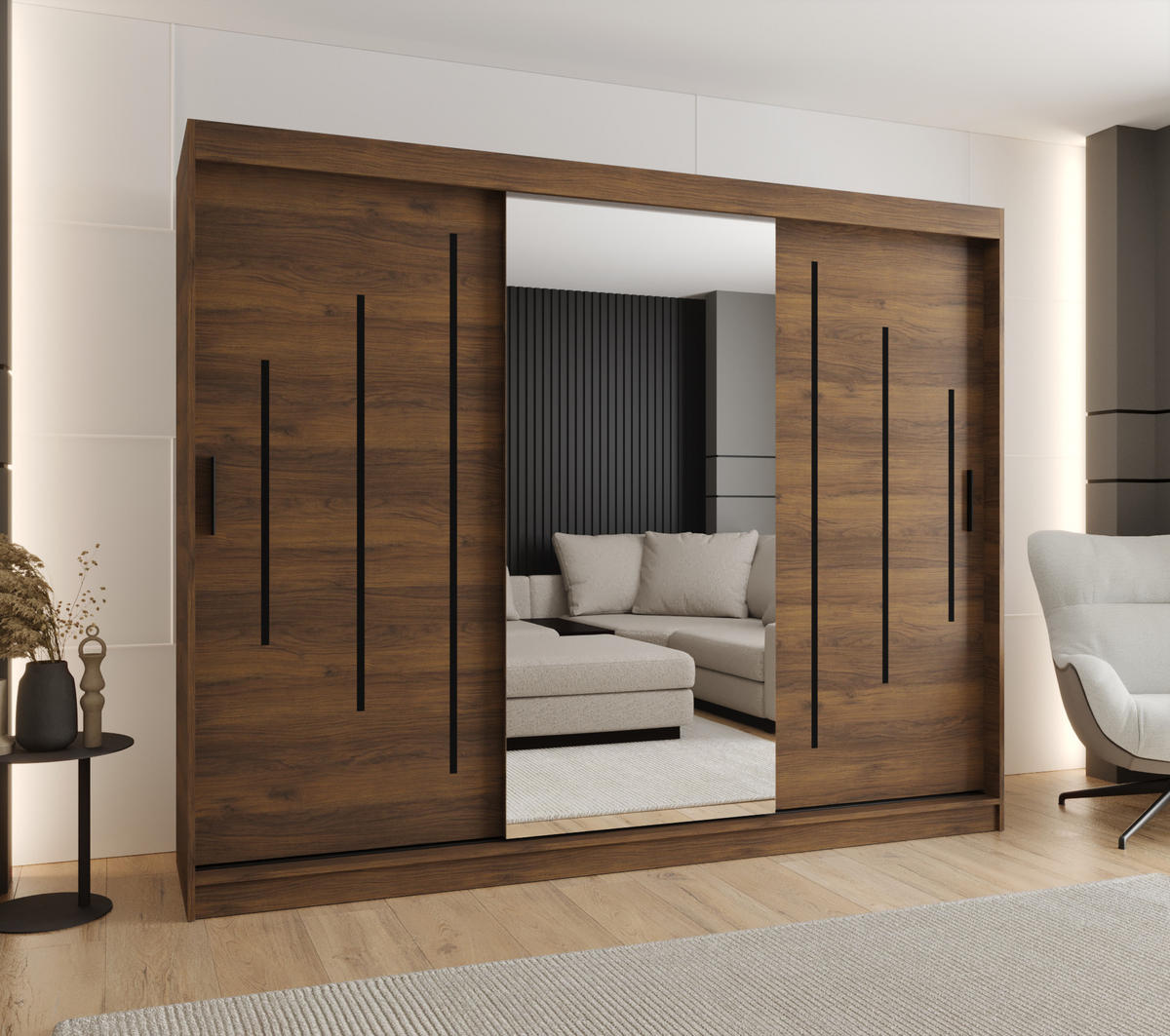 ŠATNÍ skříň s posuvnými dveřmi 200/250/62 3dveřová - černá/hnědá, dřevo/plast (250/200/62cm)