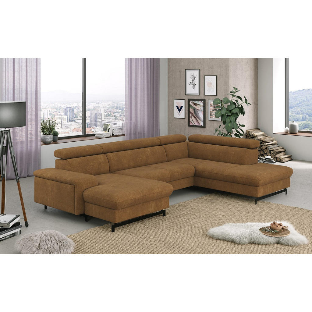 Thumbnail - Cotta Wohnlandschaft, Cognac, Textil, Echtholz,Fichte, 5-Sitzer, U-Form,L-Form, 215x81x328 cm, Wohnzimmer, Sofas & Couch...