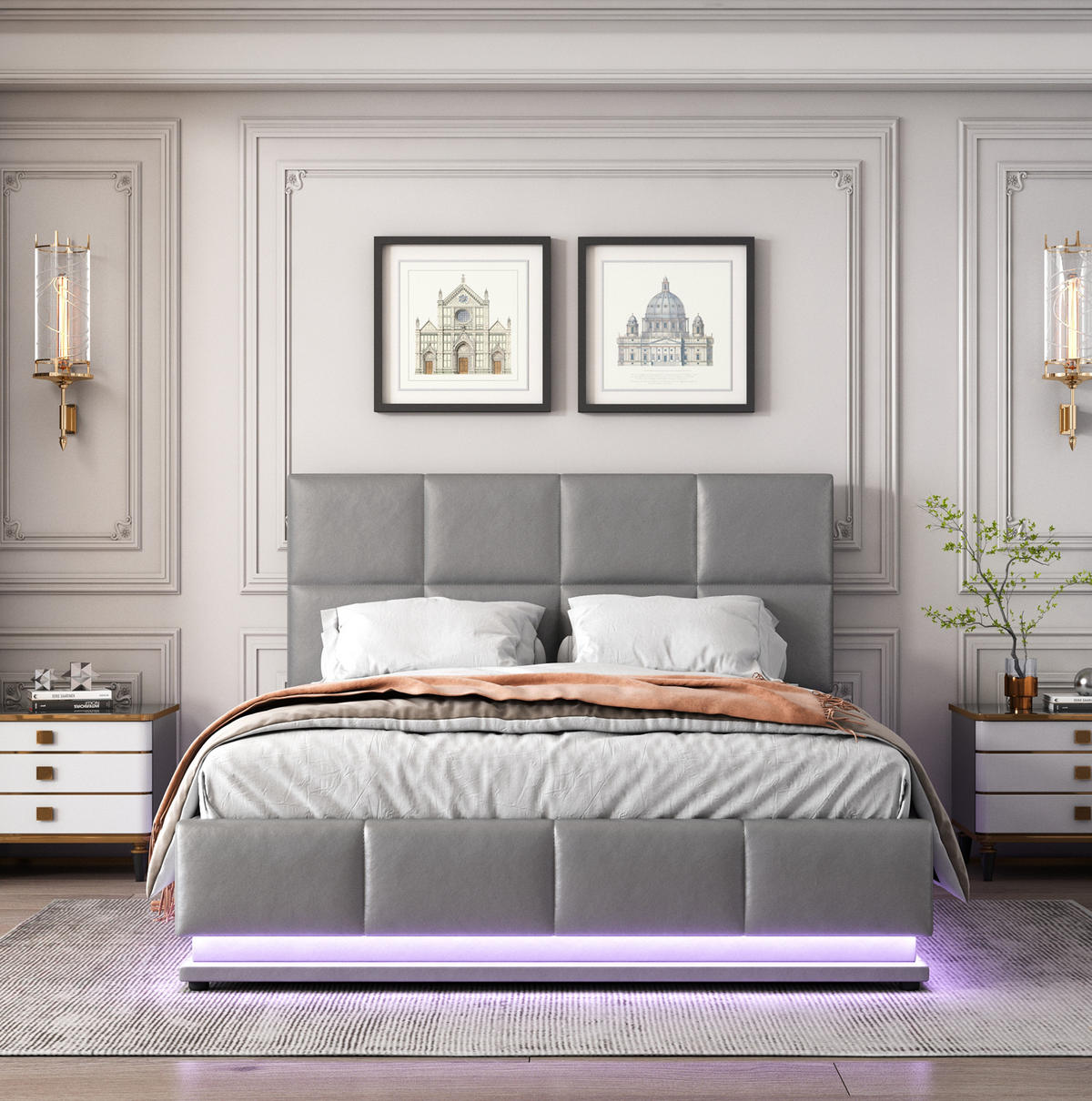 POLSTERBETT 140/200 cm mit LED-Beleuchtung, hydraulischem Bettkasten und Kunstlederbezug, Grau - Grau, Textil (140/200cm) - Redom