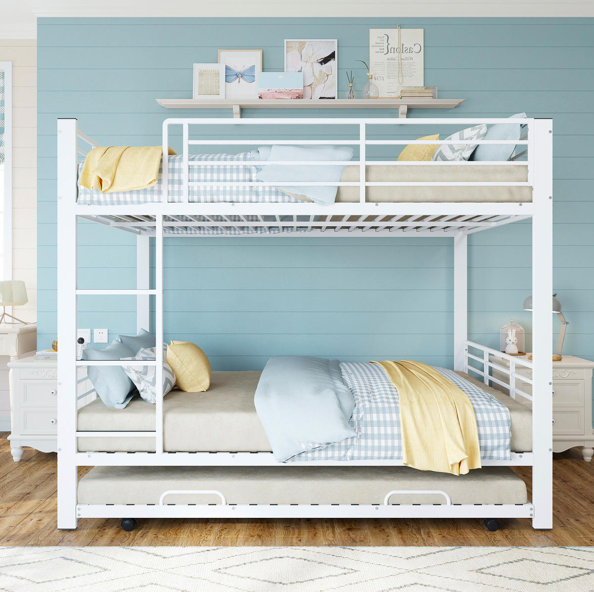 ETAGENBETT 140x200 cm in Mattweiß mit ausziehbarem Unterbett für 3 Schlafplätze - Weiß, Metall (140/200cm) - IVMEU