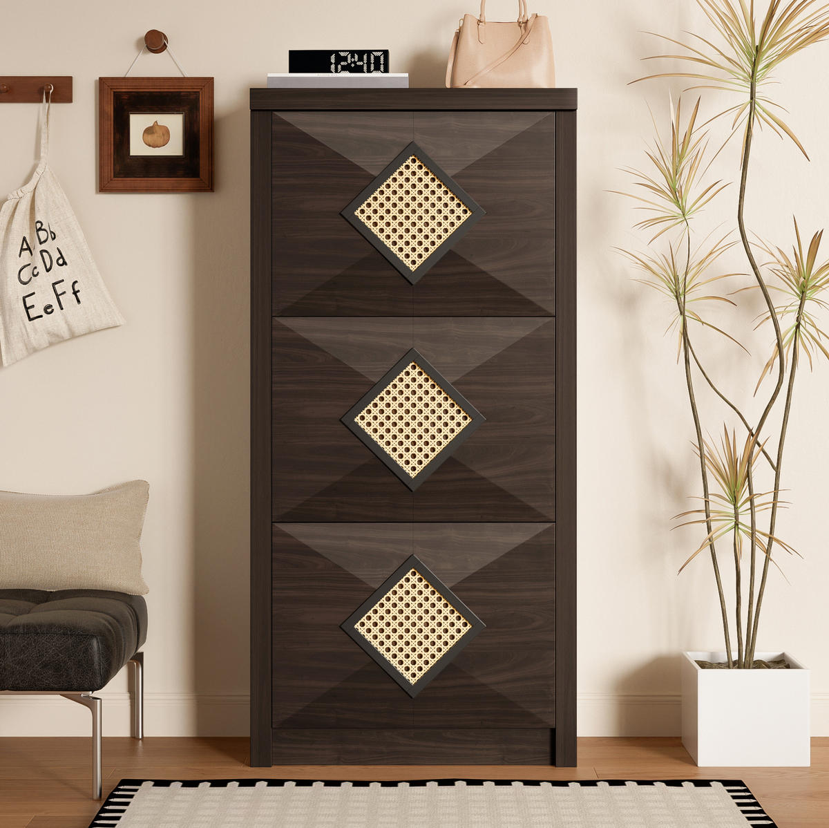 SCHUHSCHRANK aus Spanplatte 54x25x115cm in Naturfarben Dunkelbraun mit 3 Klappfächern - Naturfarben, Holzwerkstoff (54/115/25cm) - Modfu
