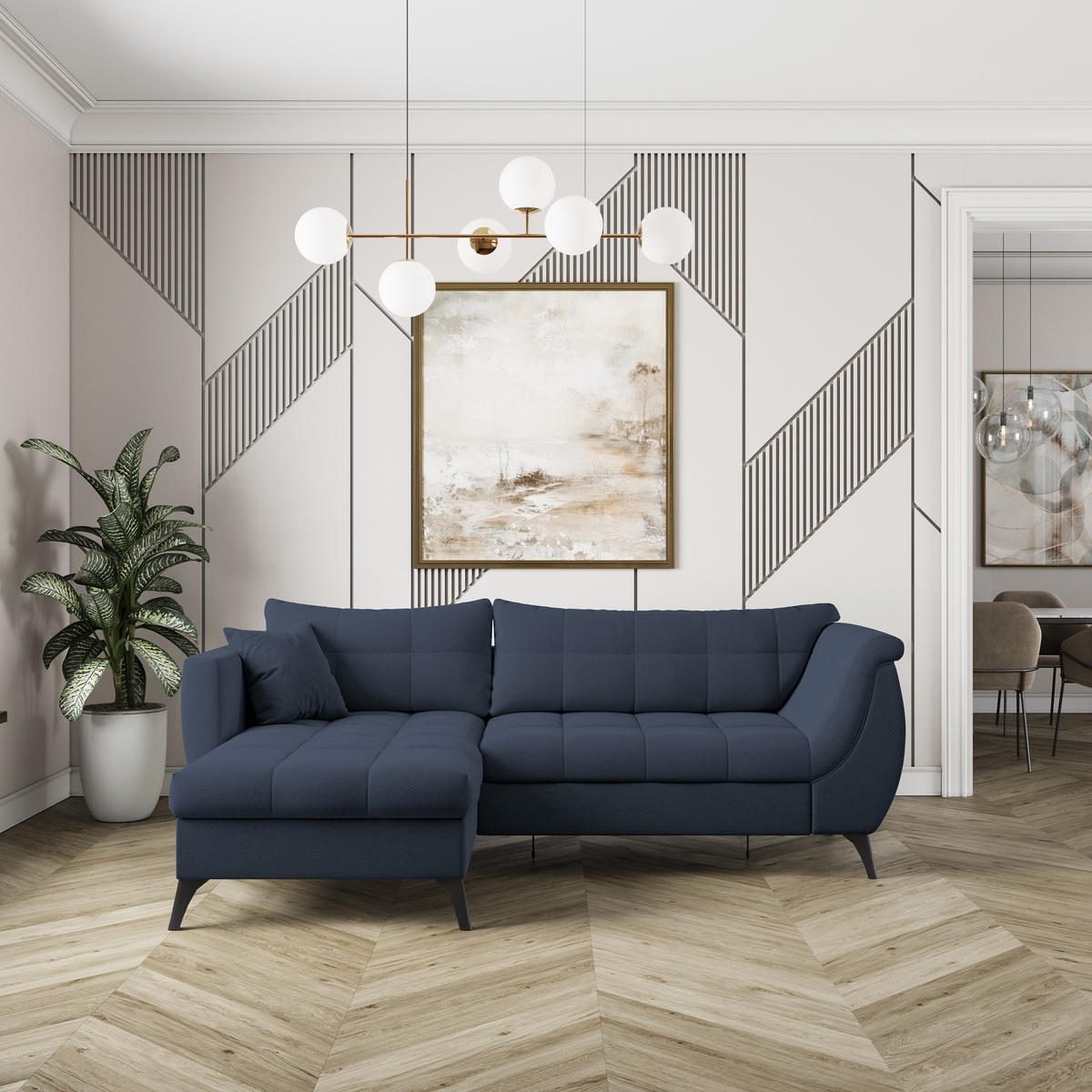 ECKSOFA MOLLIS Blau Geflochtener-Stoff mit Schlaffunktion - Blau, Holz (241/154cm) - MASSENO