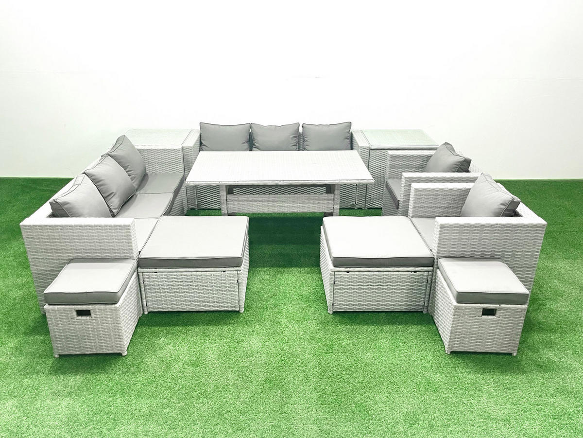 GARTENSET mit Esstisch,Sofa,4 Fußhocker,2 Stühle,2 Beistelltischen Polyrattan Hellgrau 12-Sitzer - Hellgrau/Grau, Glas/Kunststoff - Fimous