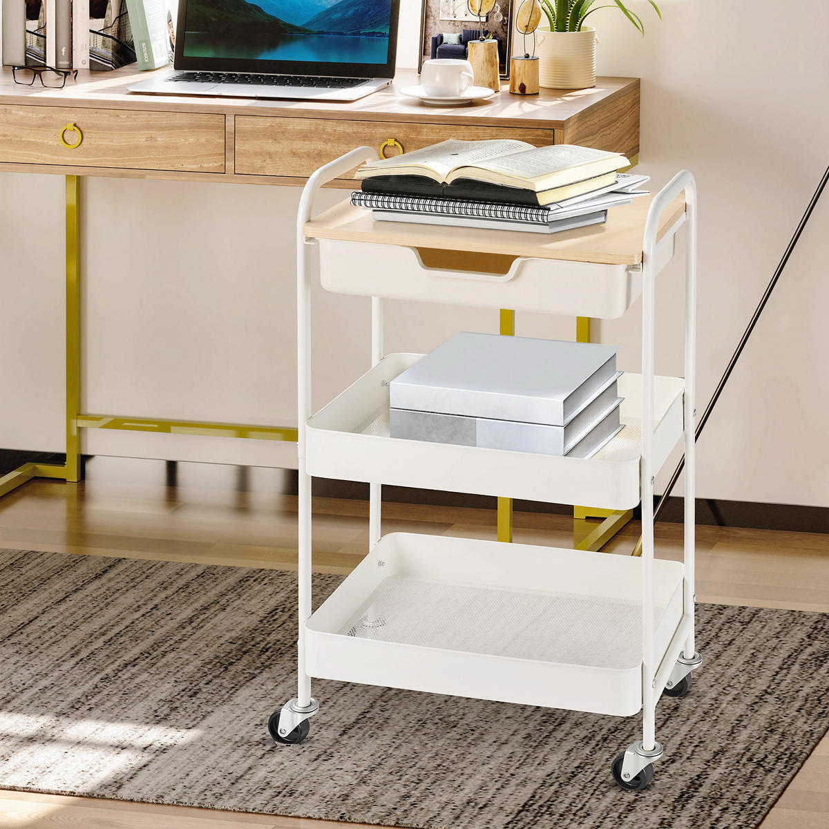 KÜCHENWAGEN DE-08493 2 Regale + Schublade mit Rollen Weiß - Weiß, Kunststoff (30.5/75.6/43.9cm) - ComfortXL