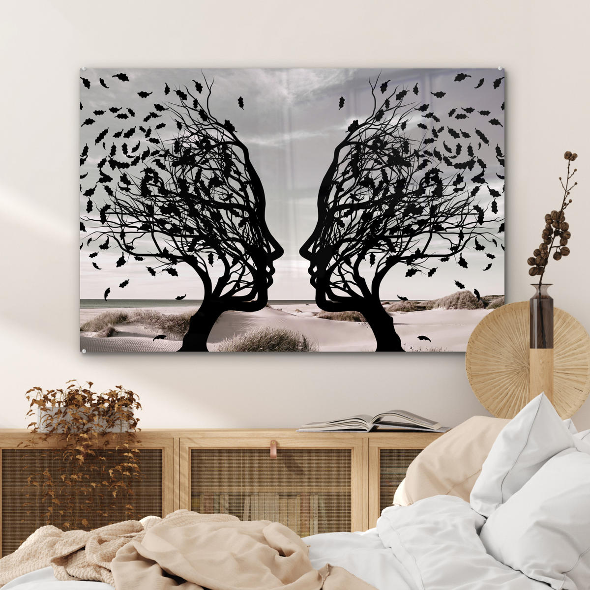 ACRYLGLASBILD Strand - Meer - Menschen - Baum - Moderne Kunst 120x80 cm - Hellgrau, Glas (120/80cm) - MuchoWow