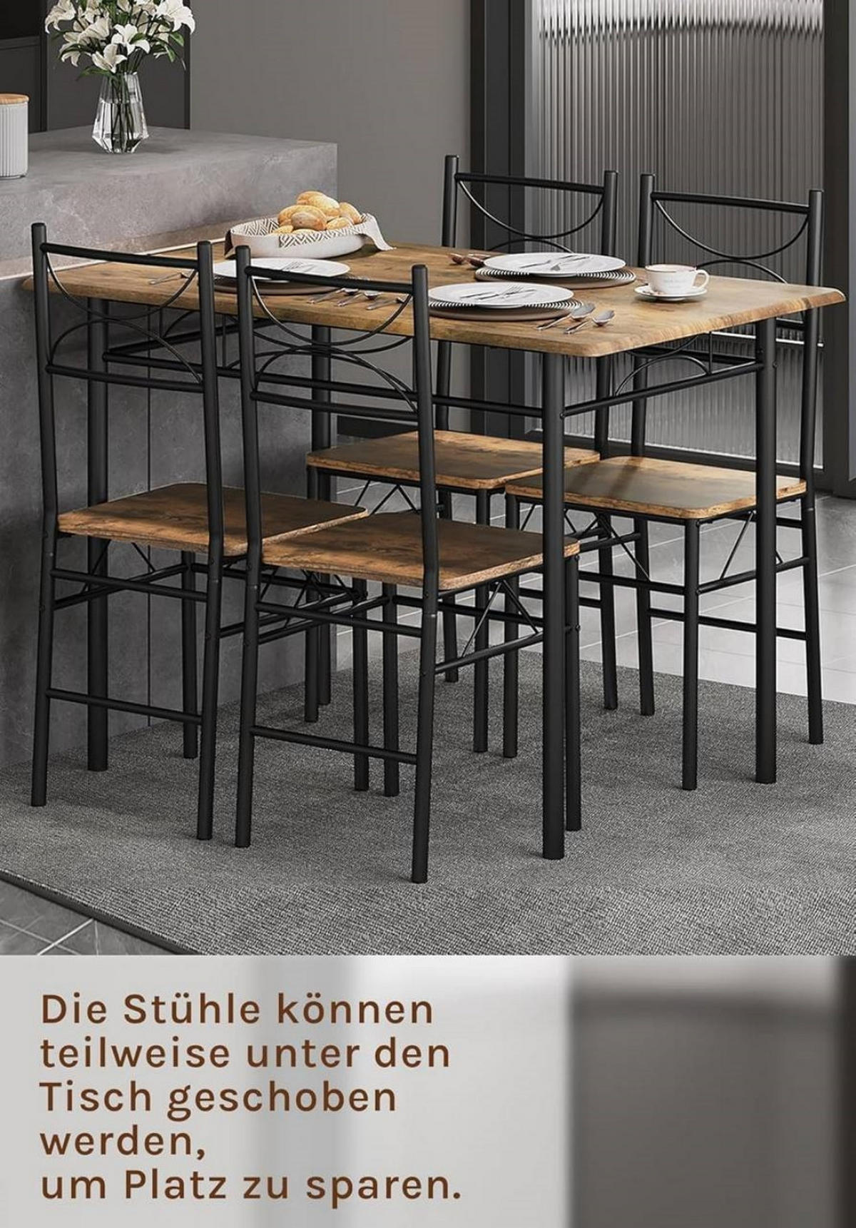 TISCHGRUPPE Esstisch mit 4 Stühlen, MDF, Vintagebraun - Dunkelbraun/Schwarz, Holzwerkstoff/Metall (110/76/70cm) - Woltu