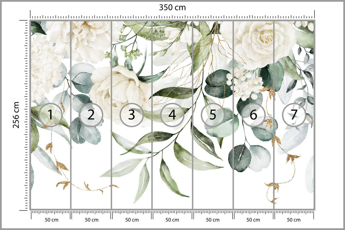 FOTOTAPETE für Schlafzimmer Aquarell Weiße Blumen Pfingstrosen Blätter Natur 350x256 - Creme/Weiß, Papier (350/256cm) - Muralo