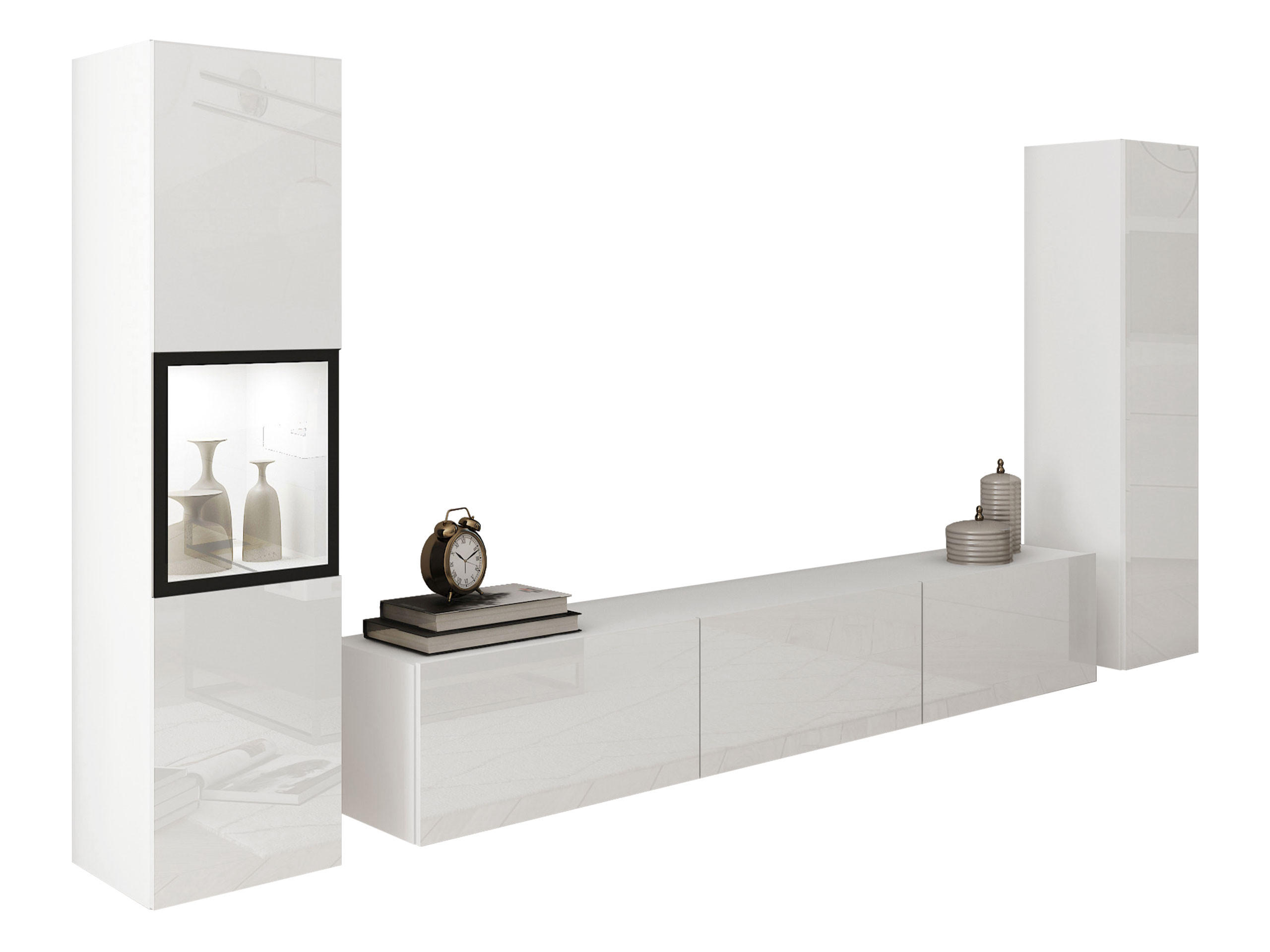 WOHNWAND Berlin III mit weißer LED Beleuchtung - Weiß Hochglanz/Alufarben, Holzwerkstoff/Kunststoff (180/30/33cm) - MIRJAN24