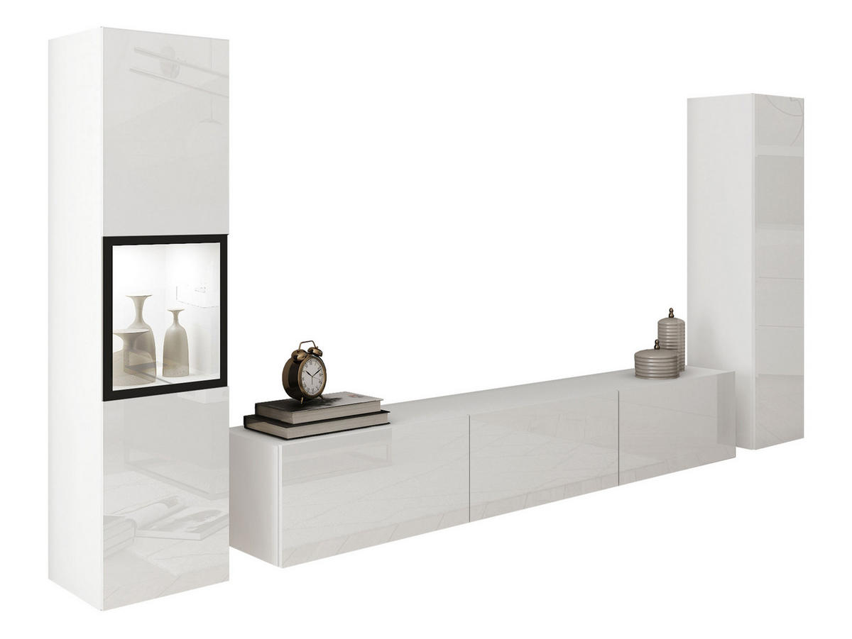 WOHNWAND Berlin III mit weißer LED Beleuchtung - Weiß Hochglanz/Alufarben, Holzwerkstoff/Kunststoff (180/30/33cm) - MIRJAN24