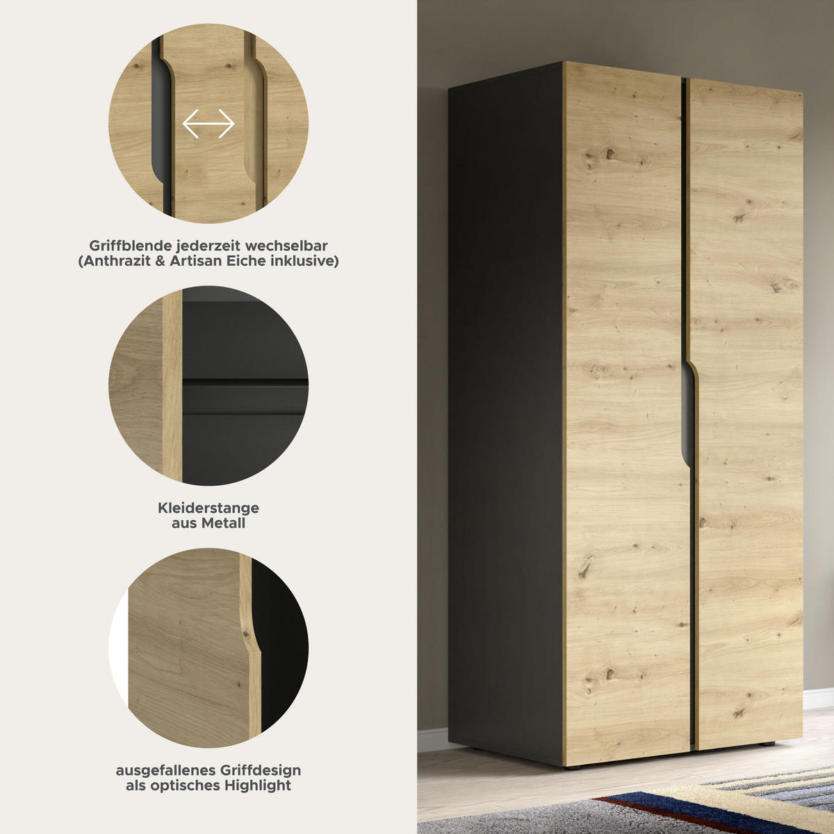 KLEIDERSCHRANK 2TÜRIG Anga Artisan Eiche 80/51/180 cm - Anthrazit, Holzwerkstoff (80/180/51cm) - Xonox