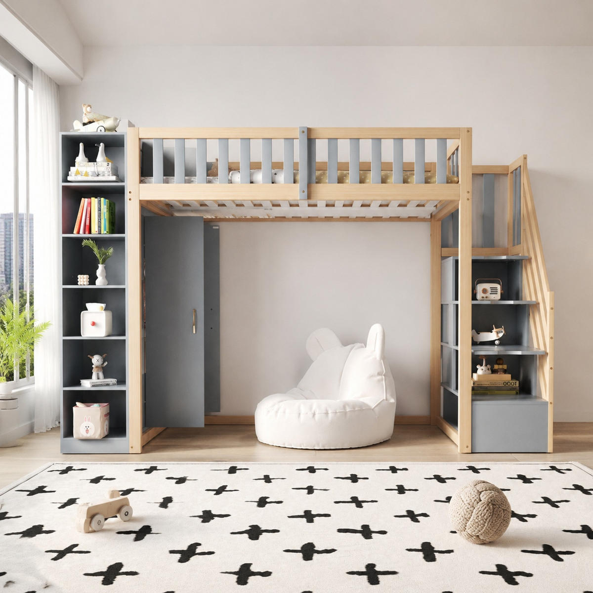 HOCHBETT 90/200 mit Kleiderschrank, Regalen und Sicherheitsleiter - Naturfarben/Grau, Holz/Holzwerkstoff (90/200cm) - EVRYAE