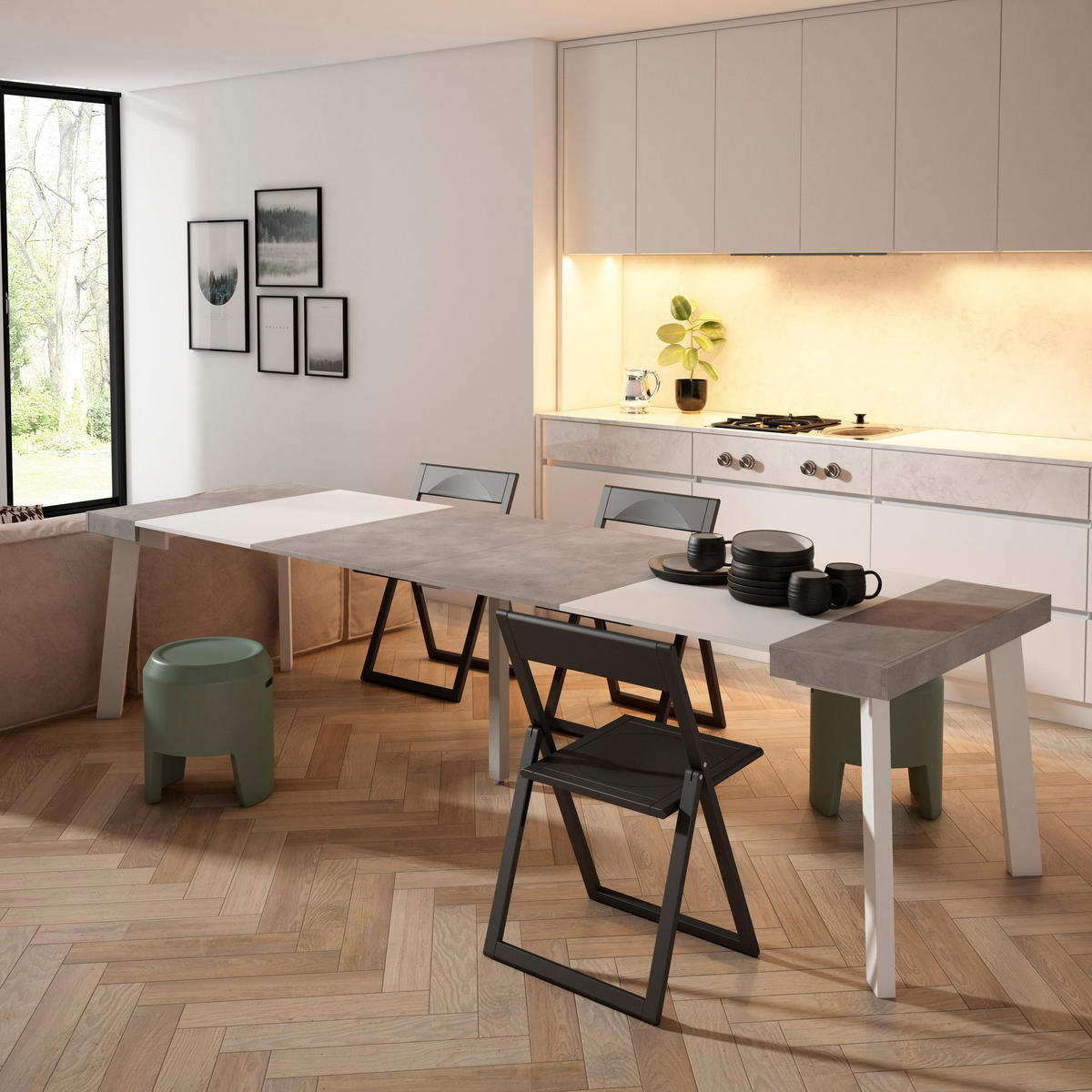 KONSOLENTISCH ausziehbar 58 bis 302cm, für 14 Gäste, weiß zementgrau, 90/58/73cm - Weiß/Grau, Holzwerkstoff (90/302/73cm) - Skraut Home