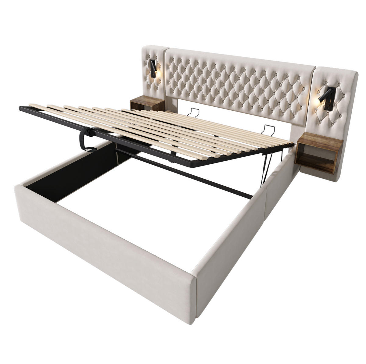 POLSTERBETT 180/200 cm Beige Hydraulisch Stauraumbett mit 2 Nachttischen und Leselicht - Beige, Textil (180/200cm) - OKWISH