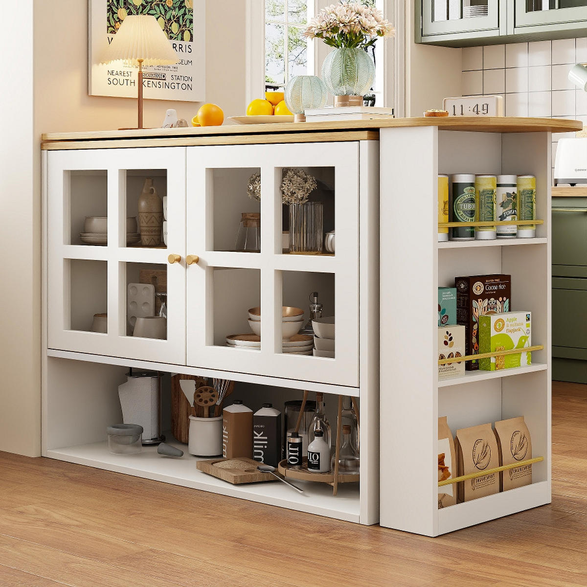 KÜCHENINSEL DREHBARE ESSBAR mit Snackregal, Sideboardschrank, MDF/Glas, Weiß, 138-204/39/102,5 cm - Weiß, Kunststoff (39/102.5/138cm) - Rolipo