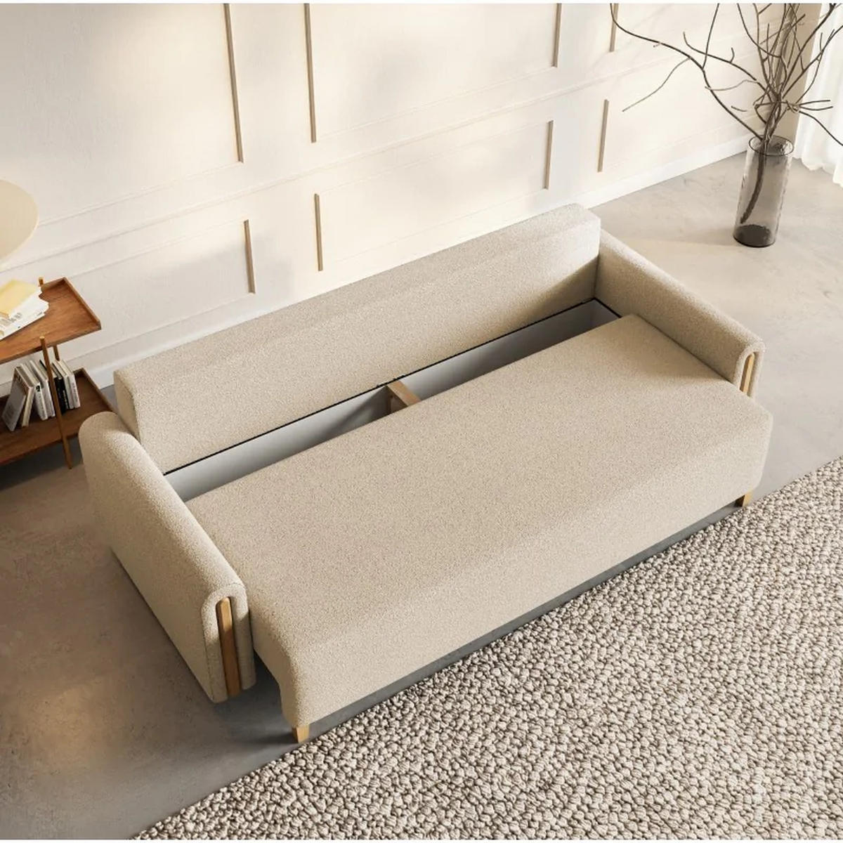 SCHLAFSOFA Modern, Sofa mit Schlaffunktion und Bettkasten, Farbe: Creme / Braun, Bouclé-Stoff - Creme/Braun, Textil (236/93/97cm) - Sepro Meble