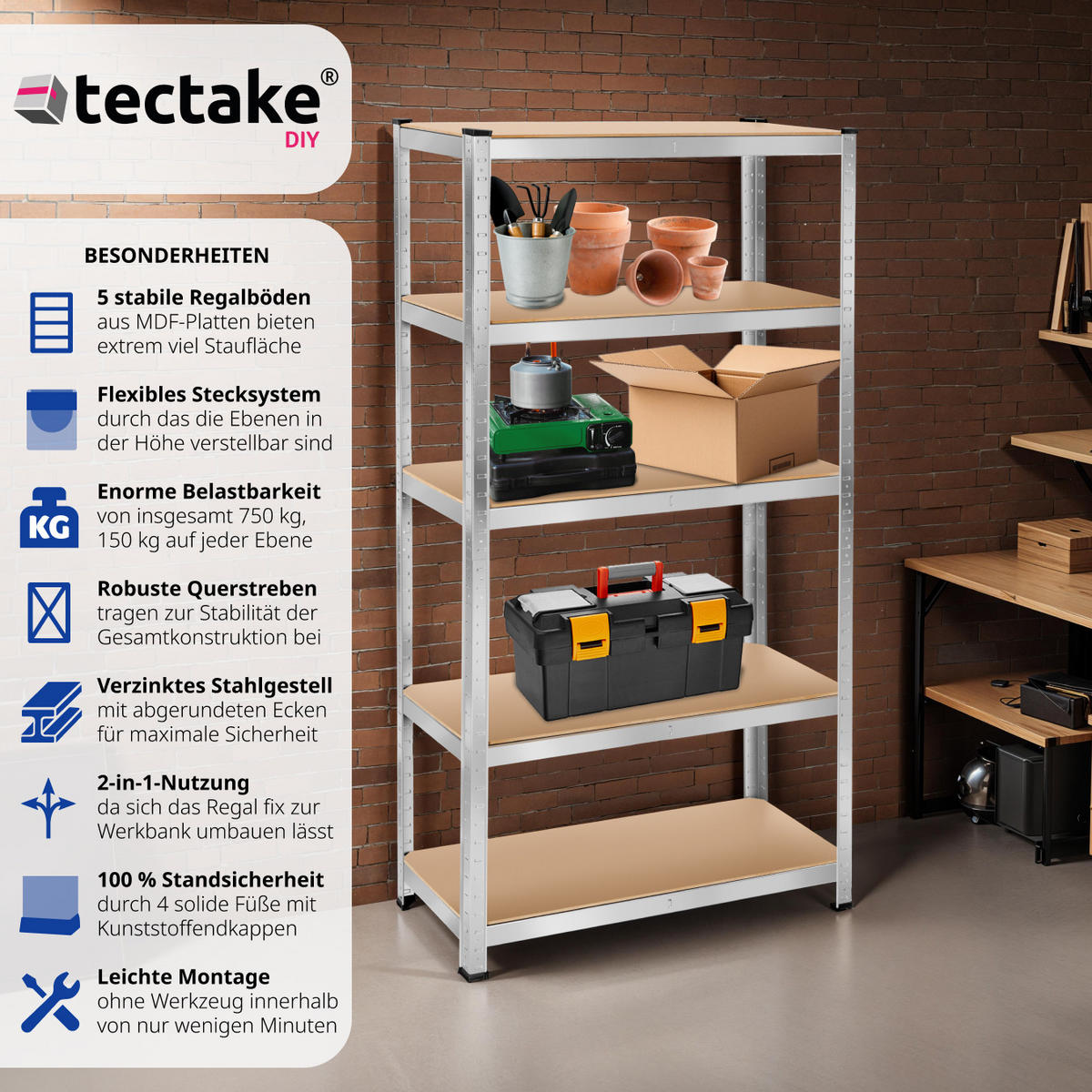 SCHWERLASTREGAL ,schnelle Montage,silber - Silberfarben, Metall (40/180/90cm) - tectake
