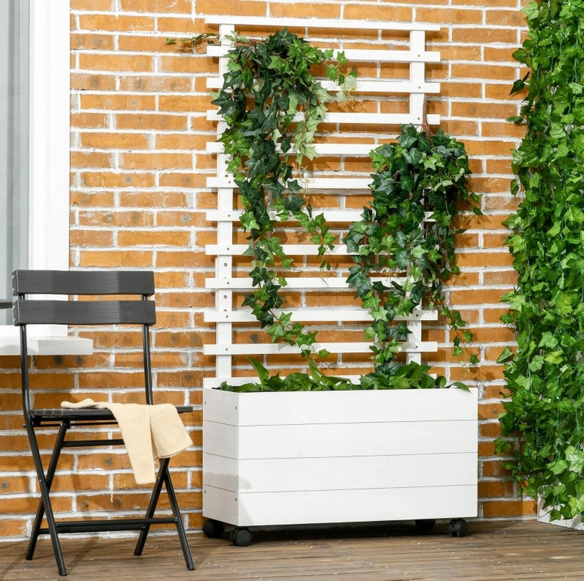 BLUMENKASTEN aus Holz 76x30x155cm Weiß mit Rankgitter & Rollen - Weiß, Holz (30/155/76cm) - Modfu