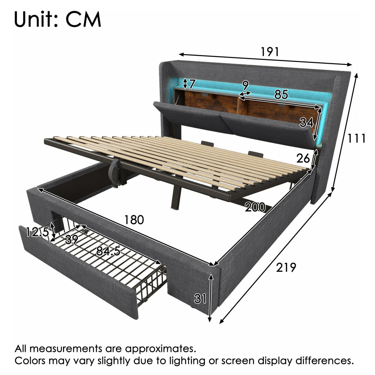ČALOUNĚNÁ postel 180/200 cm šedá z lnu s hydraulickým úložným prostorem, LED a USB-C - šedá, textil (180/200cm) - OKWISH